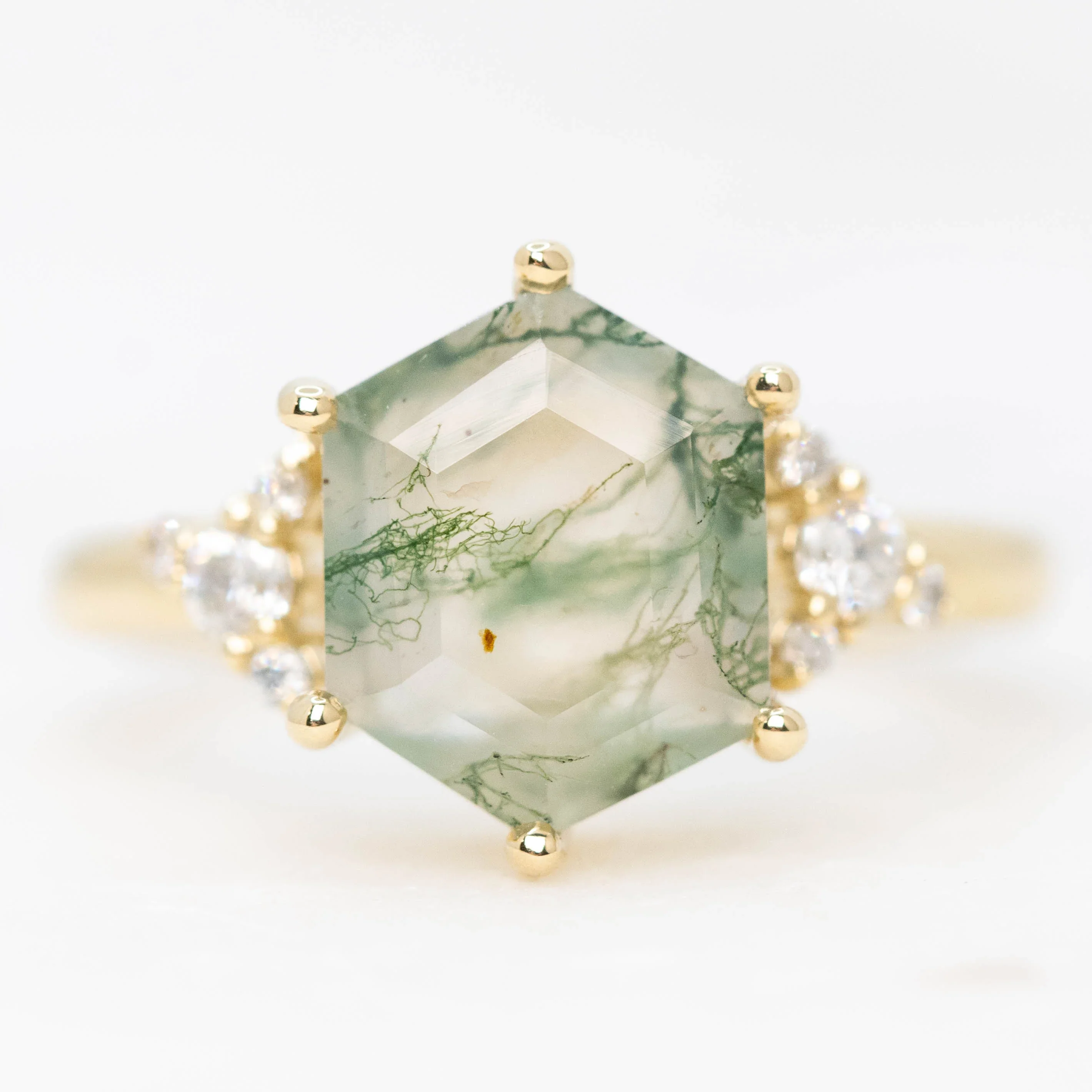 Marley Ring with an Elongated Hexagon Moss Agate and White Accent Diamonds - Made to Order