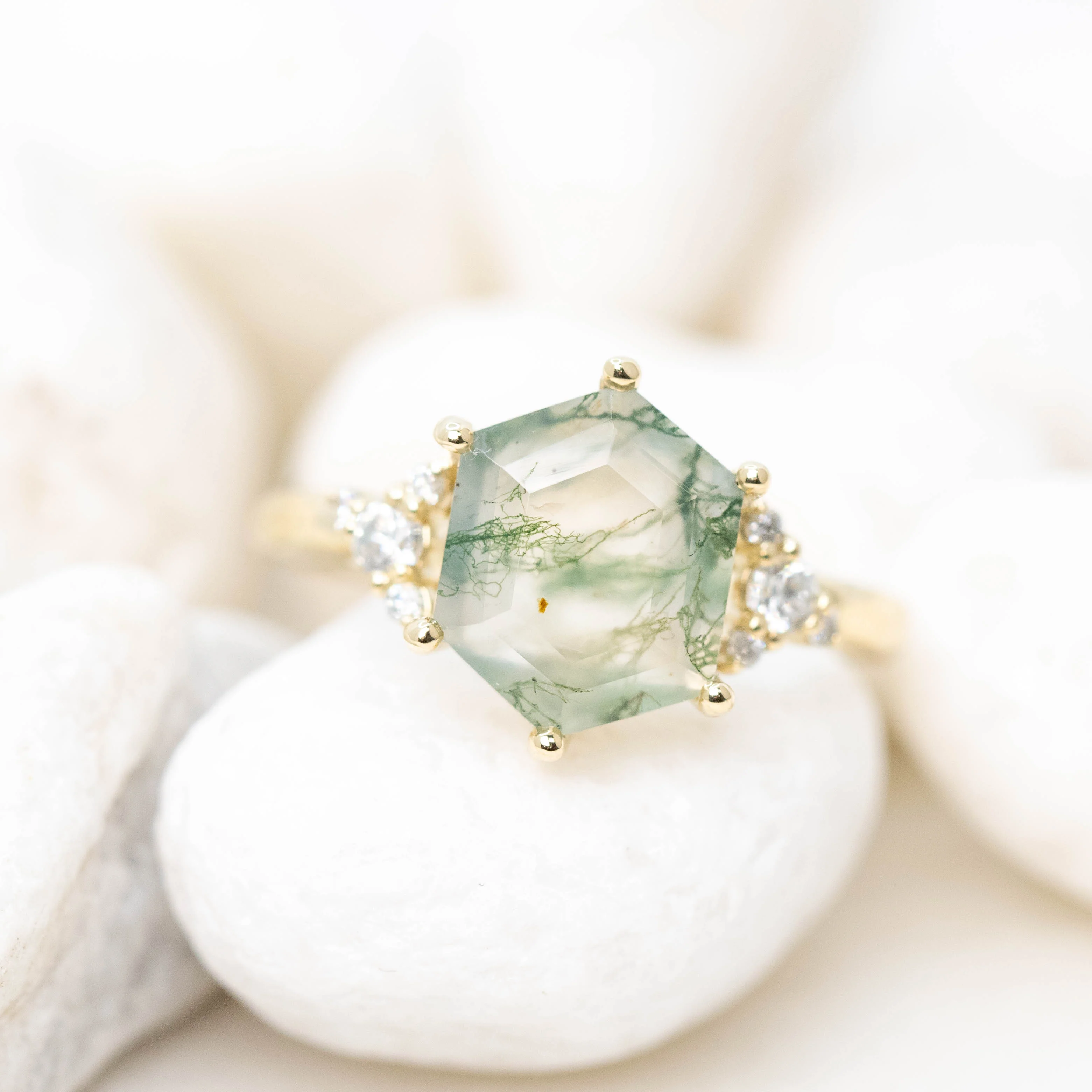 Marley Ring with an Elongated Hexagon Moss Agate and White Accent Diamonds - Made to Order - Image 2