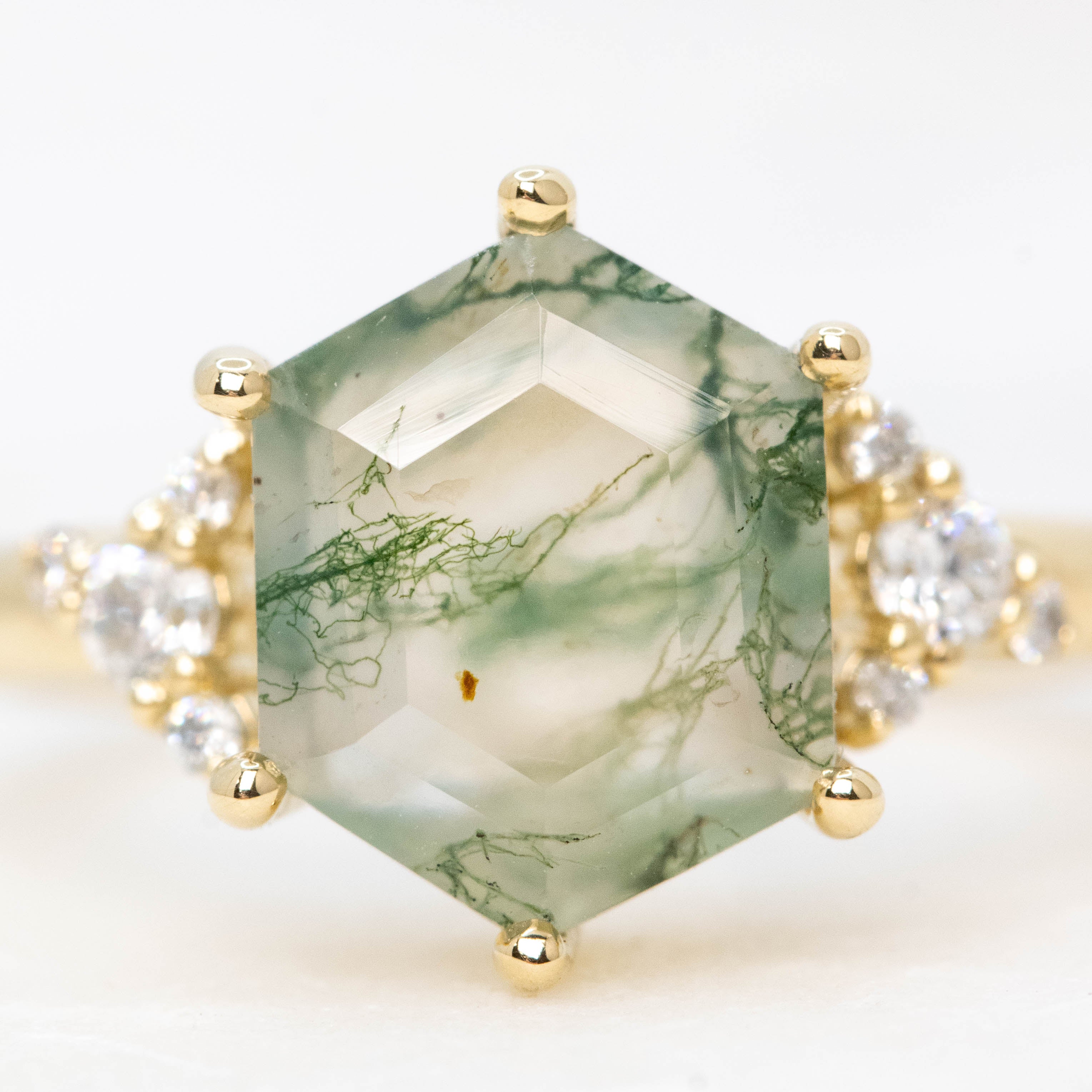 Marley Ring with an Elongated Hexagon Moss Agate and White Accent Diamonds - Made to Order - Image 5