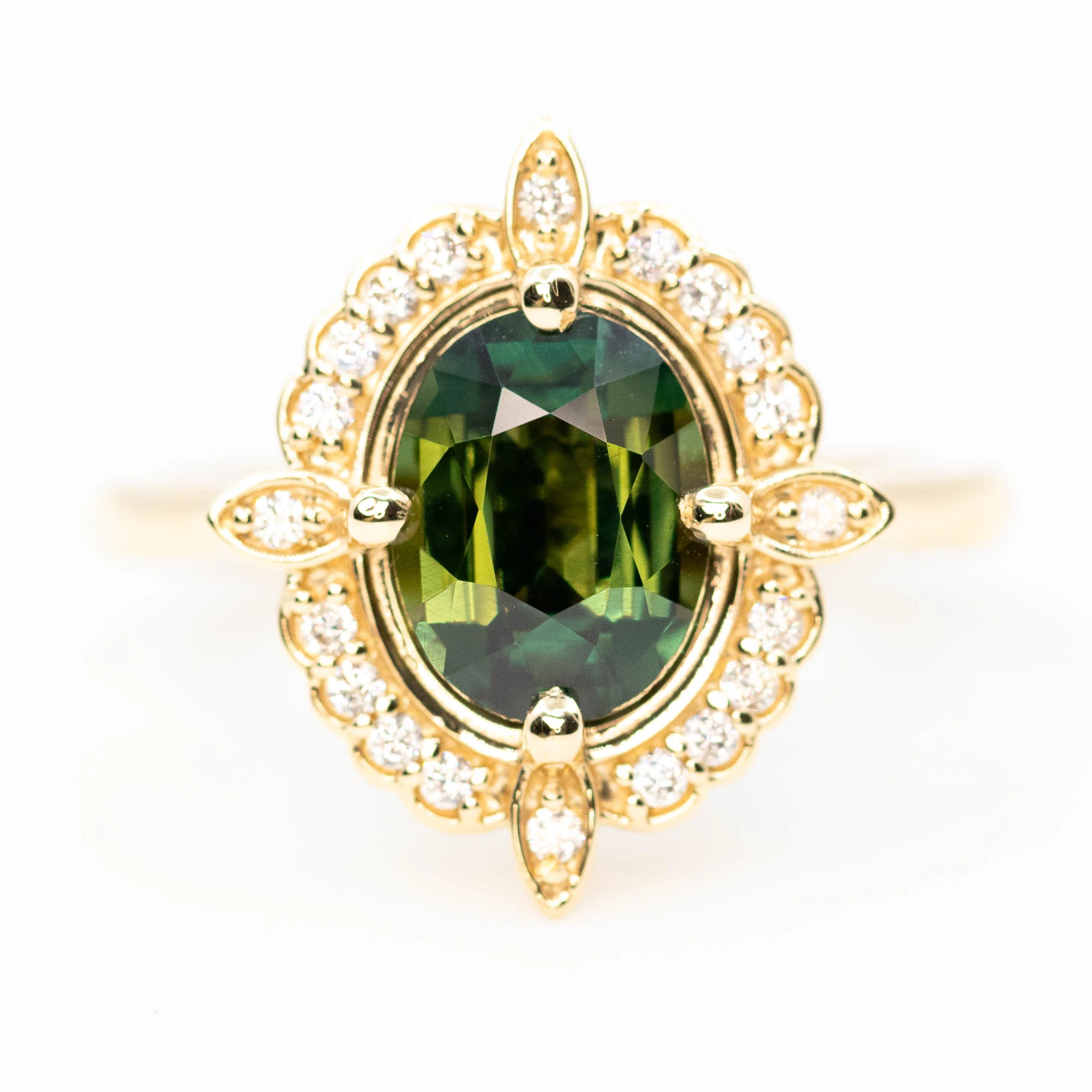 McKenzie Ring with a 2.18 Carat Green Oval Sapphire and White Accent Diamonds in 14k Yellow Gold - Ready to Size and Ship