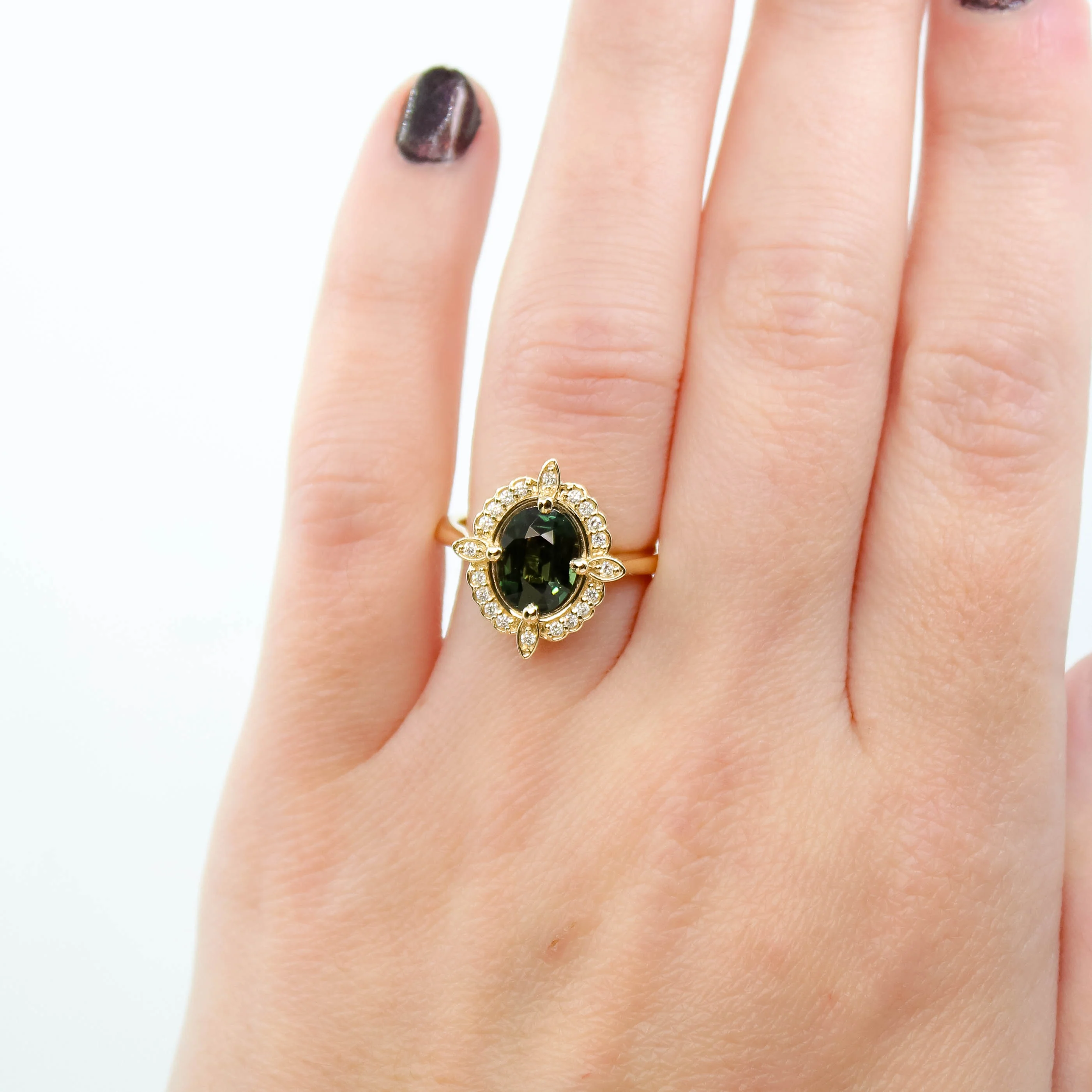 McKenzie Ring with a 2.18 Carat Green Oval Sapphire and White Accent Diamonds in 14k Yellow Gold - Ready to Size and Ship - Image 2