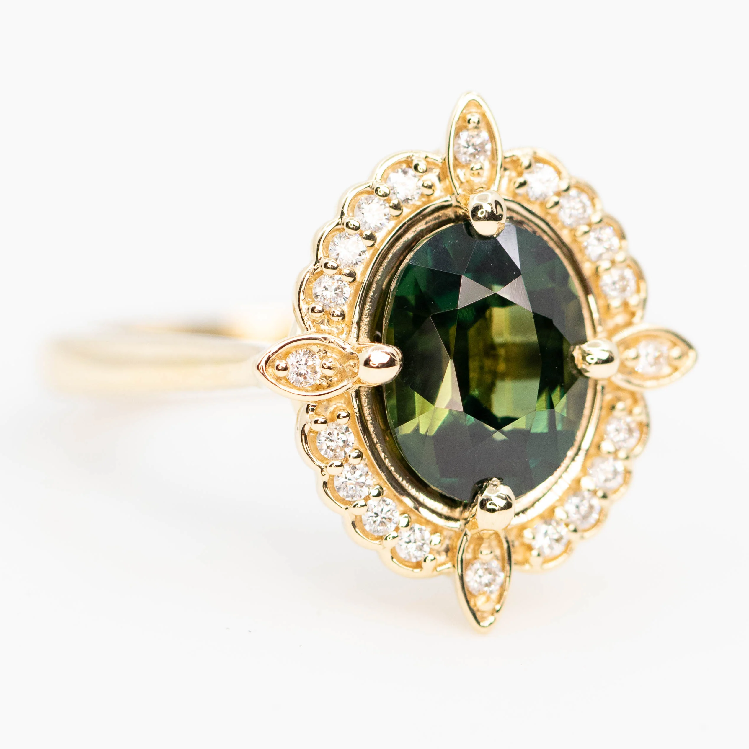 McKenzie Ring with a 2.18 Carat Green Oval Sapphire and White Accent Diamonds in 14k Yellow Gold - Ready to Size and Ship - Image 4