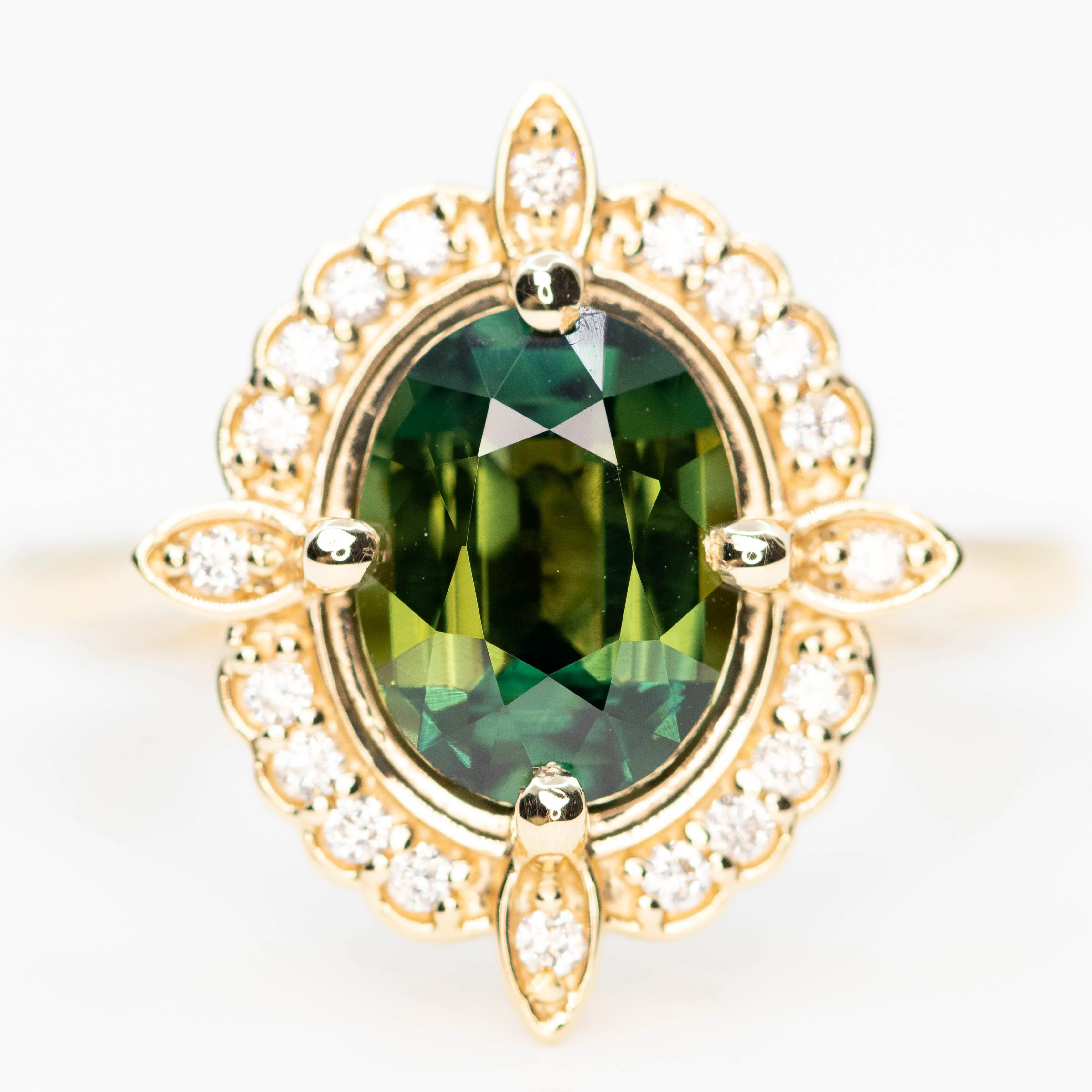 McKenzie Ring with a 2.18 Carat Green Oval Sapphire and White Accent Diamonds in 14k Yellow Gold - Ready to Size and Ship - Image 7