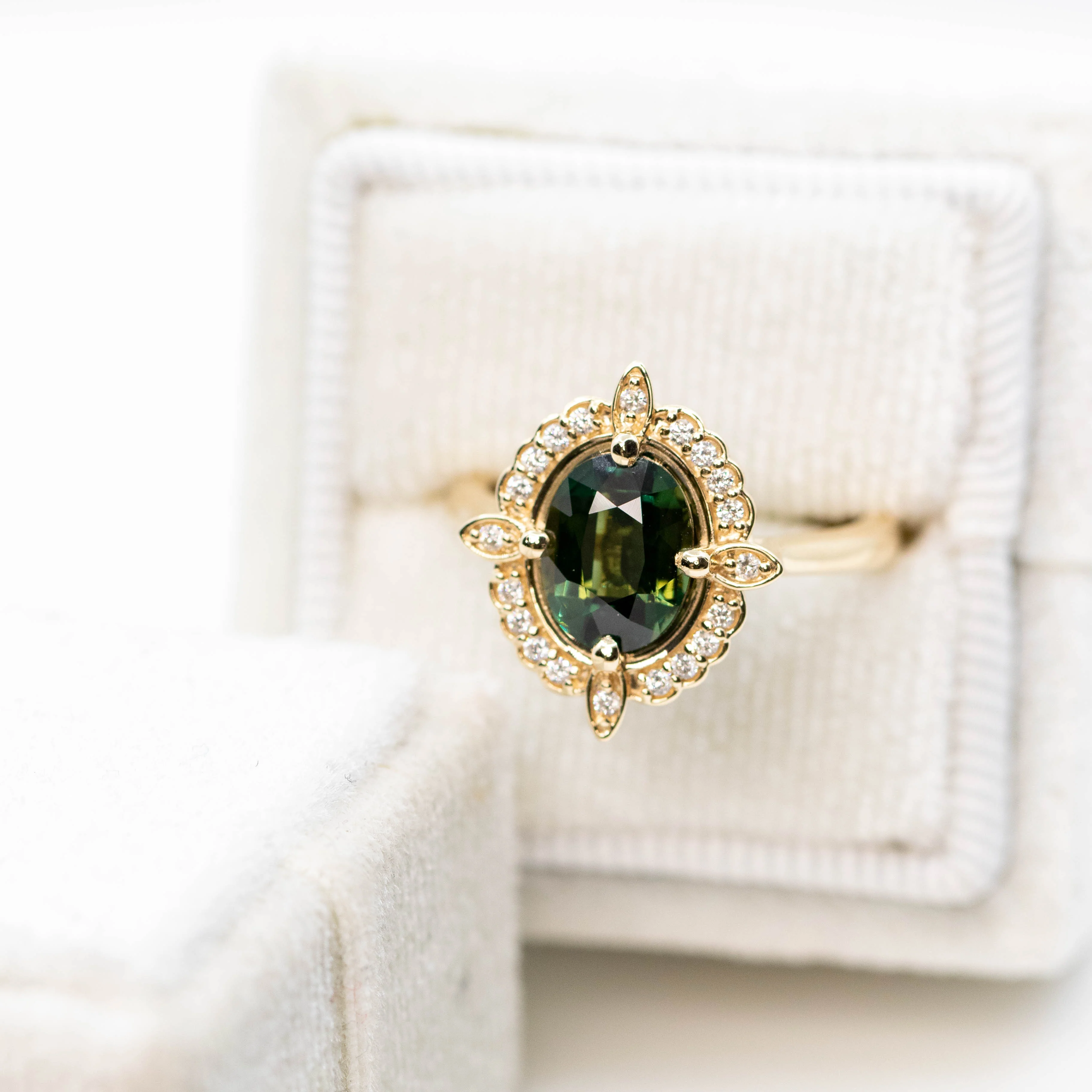 McKenzie Ring with a 2.18 Carat Green Oval Sapphire and White Accent Diamonds in 14k Yellow Gold - Ready to Size and Ship - Image 8