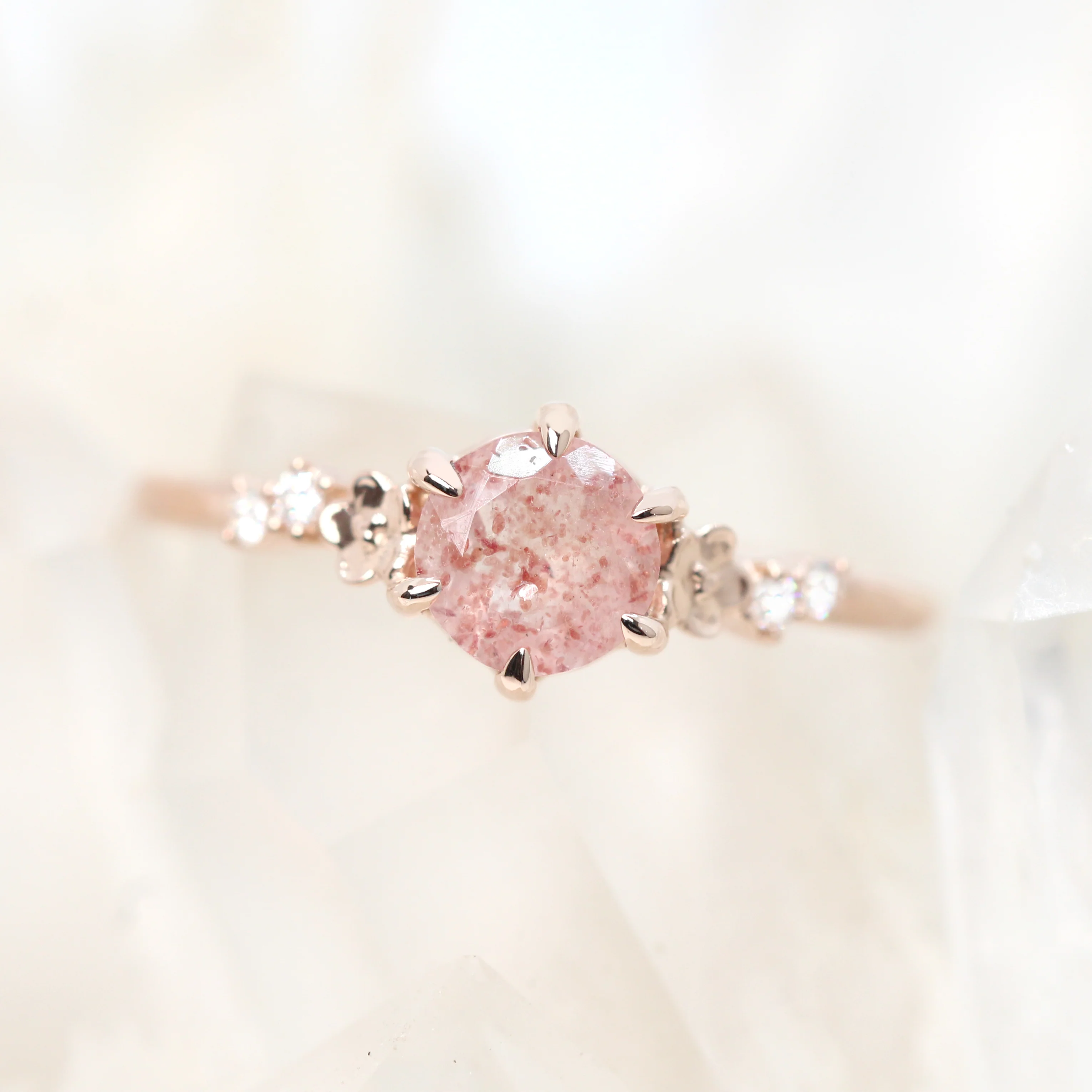 Meadow Ring with a Round Strawberry Quartz and White Accent Diamonds - Made to Order - Image 8