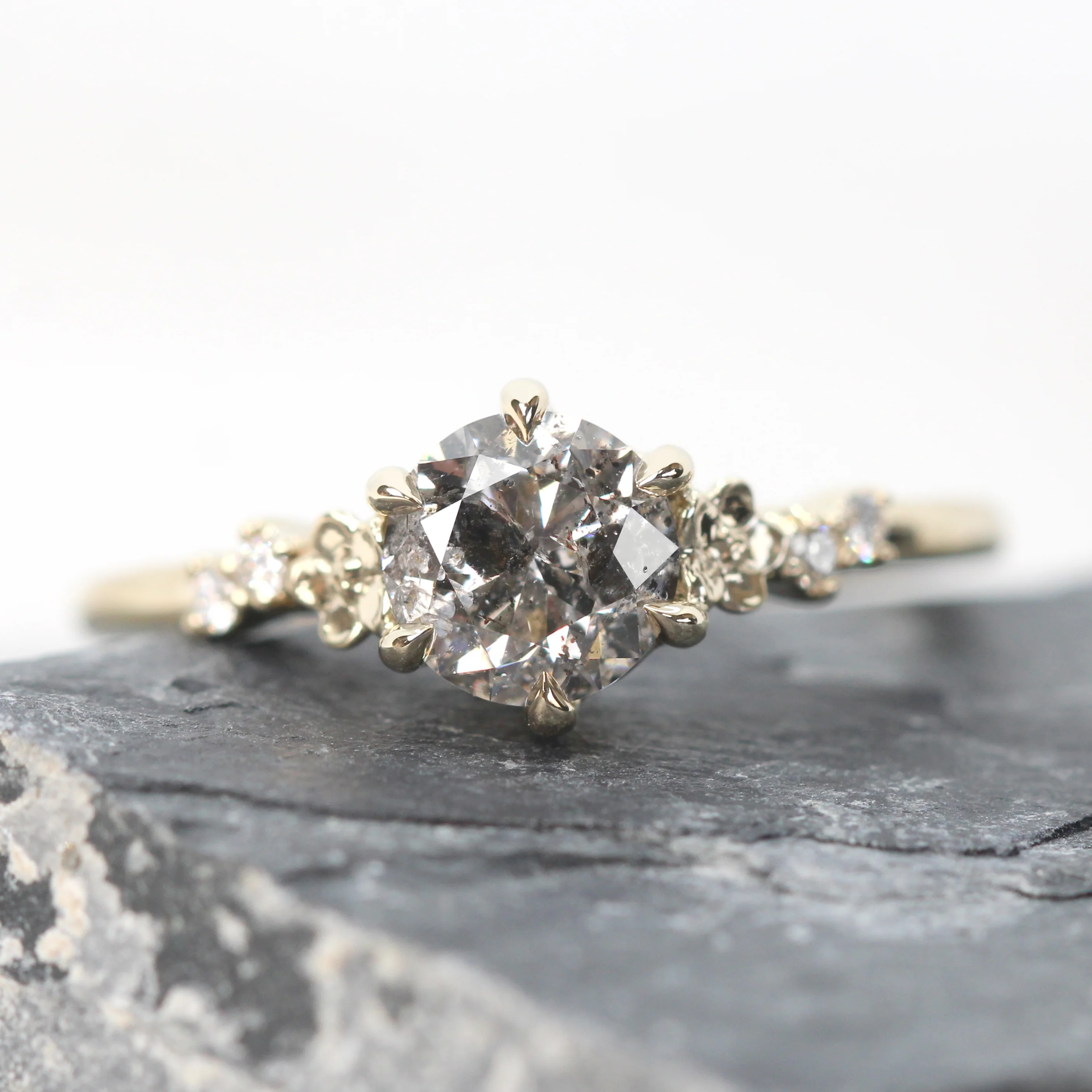 Meadow Ring with a 1.00 Carat Round Dark Gray Salt and Pepper Diamond and White Accent Diamonds in 14k Yellow Gold - Ready to Size and Ship - Image 7