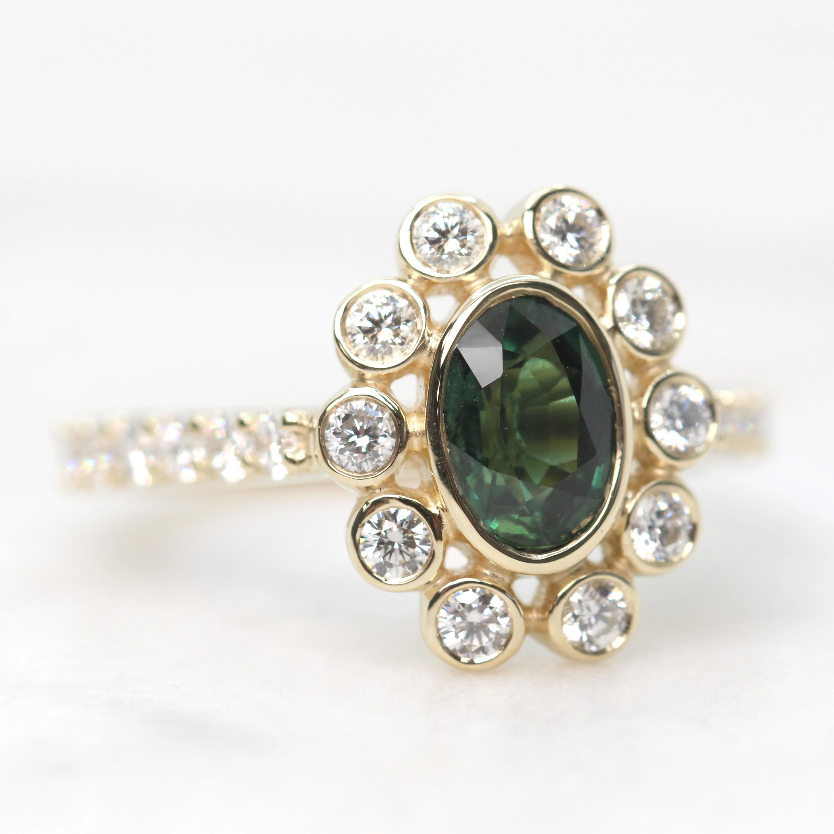 Minnie Ring with a 1.14 Carat Australian Green Oval Sapphire and White Accent Diamonds in 14k Yellow Gold - Ready to Size and Ship - Image 3