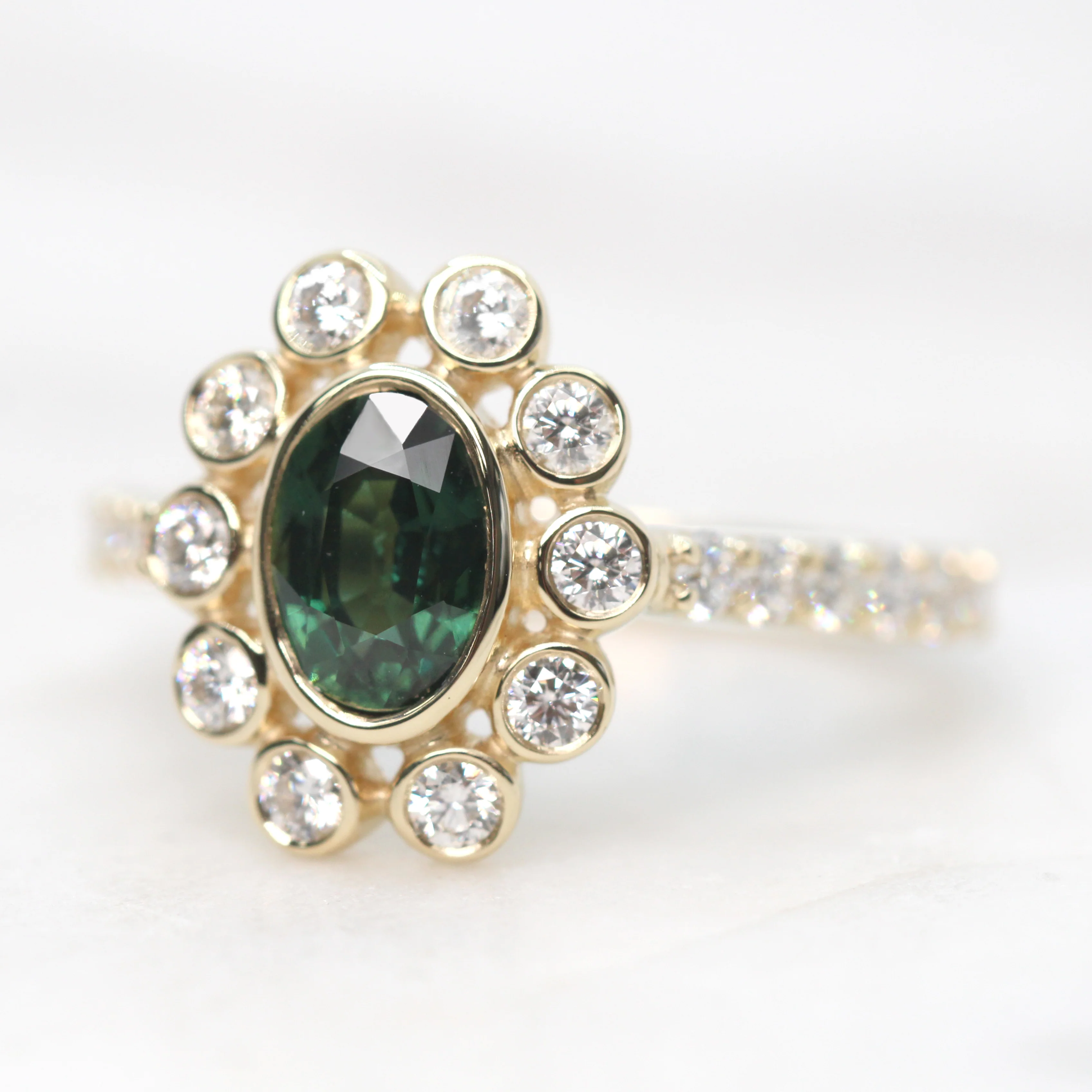 Minnie Ring with a 1.14 Carat Australian Green Oval Sapphire and White Accent Diamonds in 14k Yellow Gold - Ready to Size and Ship - Image 4