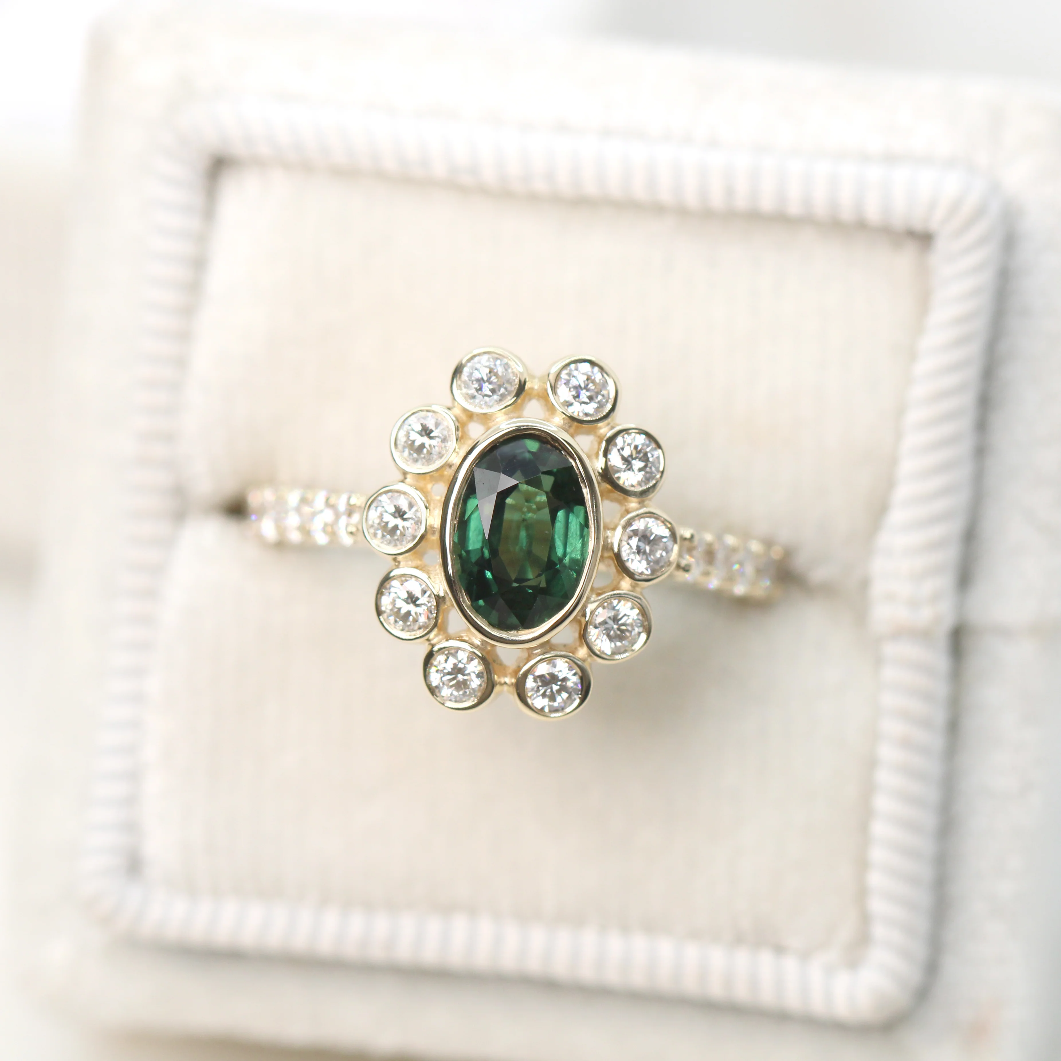Minnie Ring with a 1.14 Carat Australian Green Oval Sapphire and White Accent Diamonds in 14k Yellow Gold - Ready to Size and Ship - Image 7
