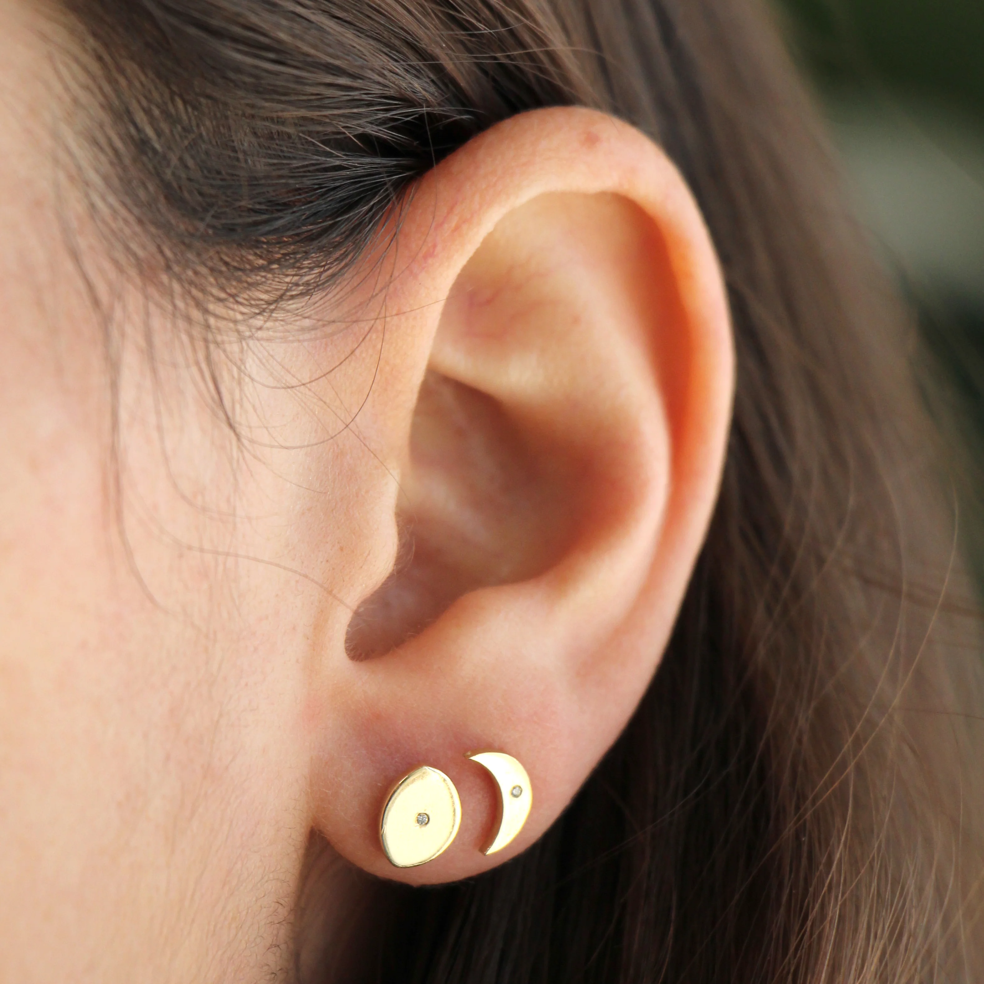 Moon Phase Stud Set Earrings with Diamond Accent - Made to Order, Choose Your Gold Tone - Image 2