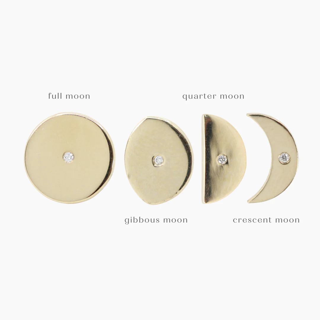 Moon Phase Stud Set Earrings with Diamond Accent - Made to Order, Choose Your Gold Tone - Image 3