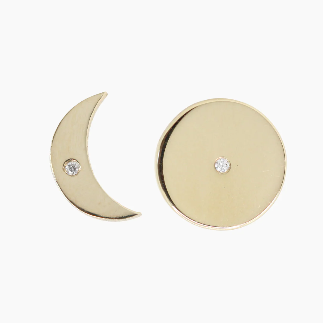 Moon Phase Stud Set Earrings with Diamond Accent - Made to Order, Choose Your Gold Tone - Image 6
