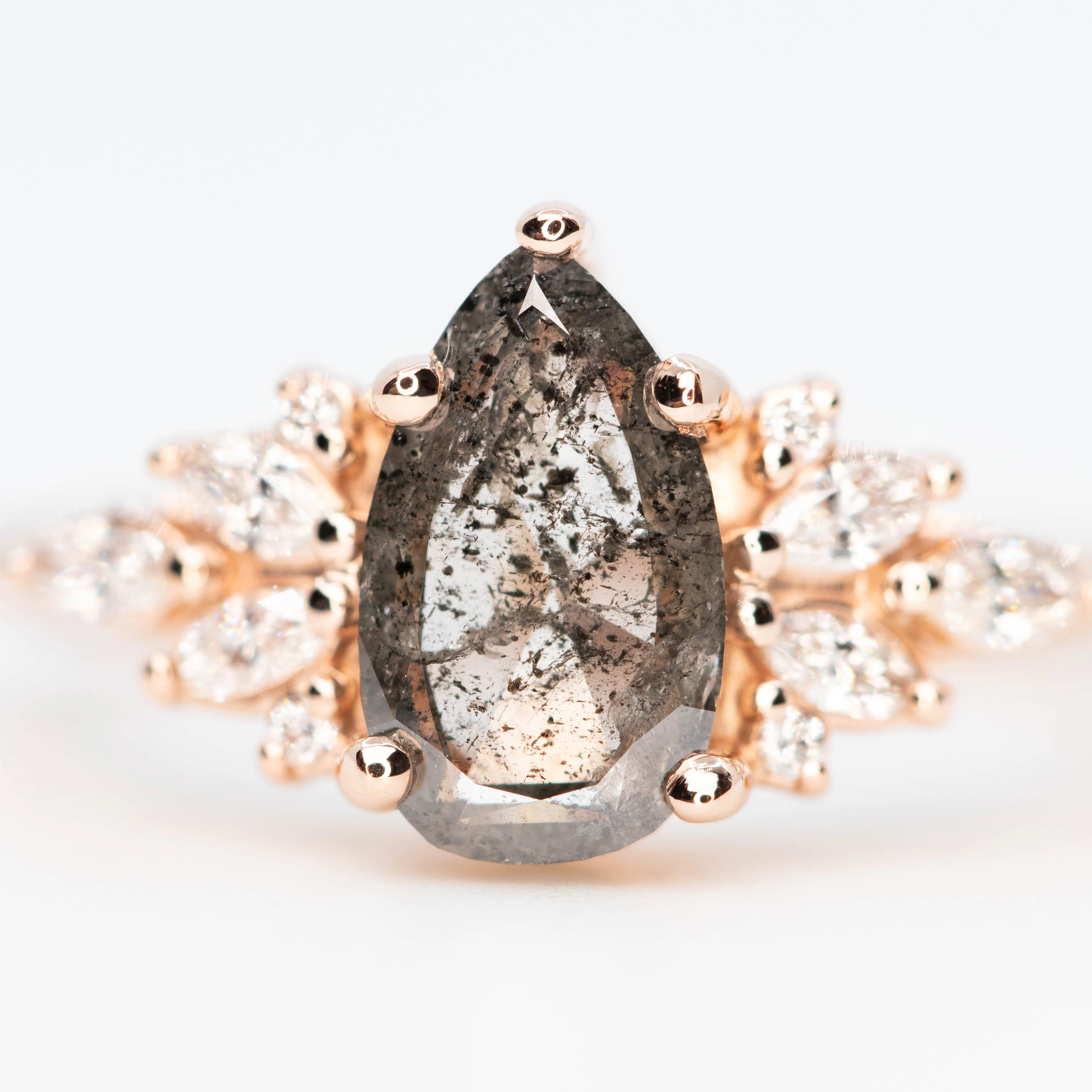 Odette Ring with a 1.05 Carat Pear Salt and Pepper Diamond and White Accent Diamonds in 14k Rose Gold - Ready to Size and Ship - Image 7