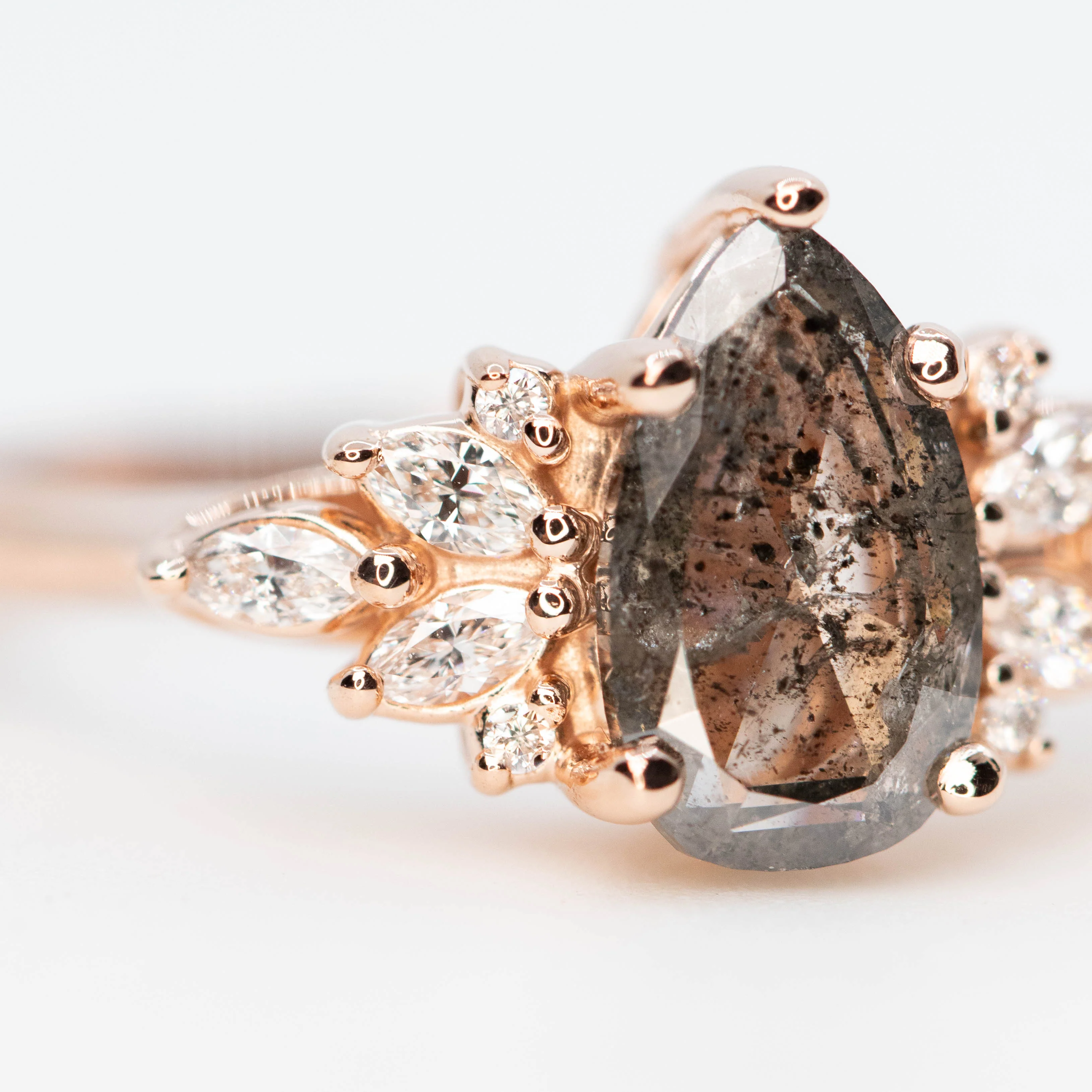 Odette Ring with a 1.05 Carat Pear Salt and Pepper Diamond and White Accent Diamonds in 14k Rose Gold - Ready to Size and Ship - Image 8