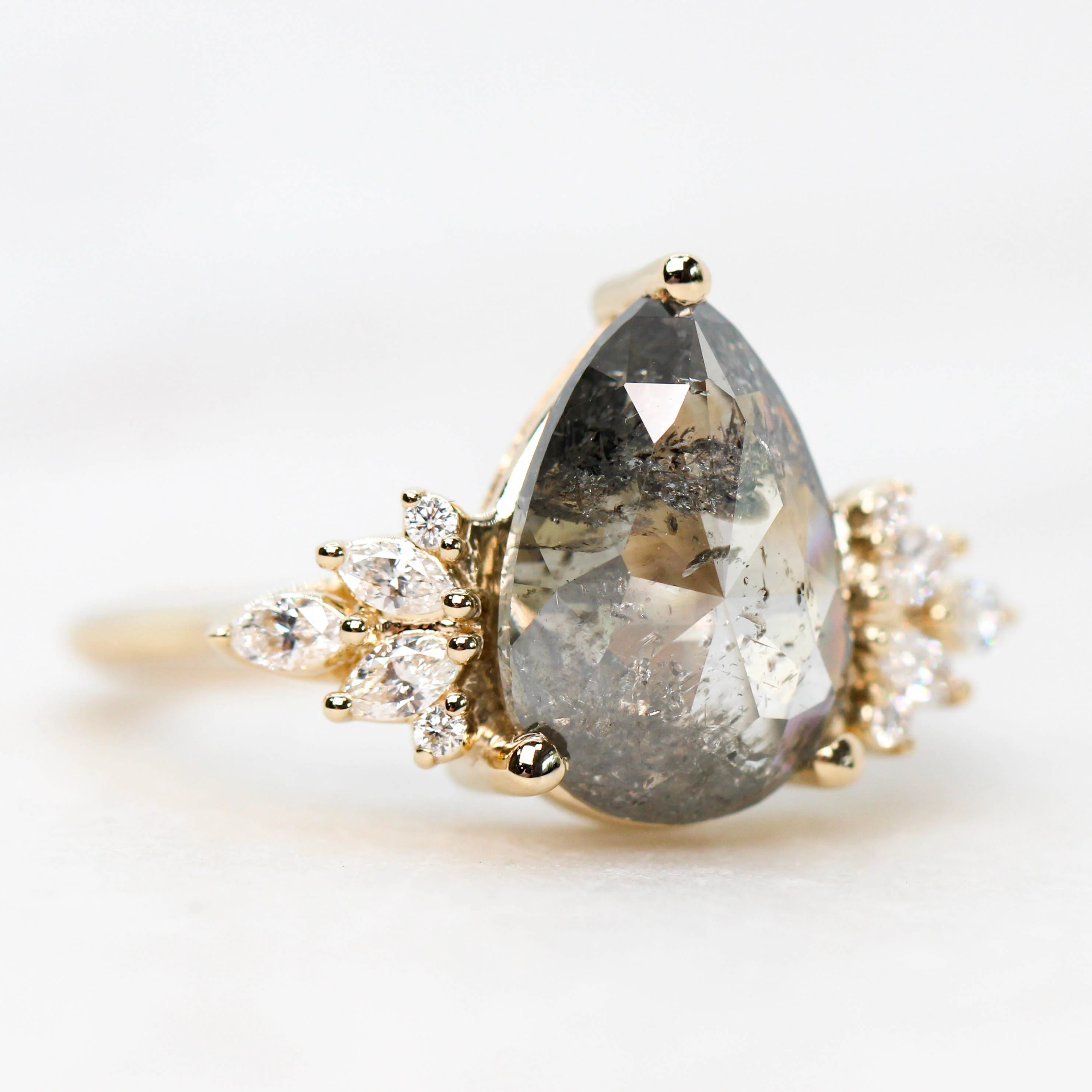 Project: Custom Odette Ring with a 3 Carat Dark and Clear Pear Salt and Pepper Diamond and White Accent Diamonds in 14k - Image 5