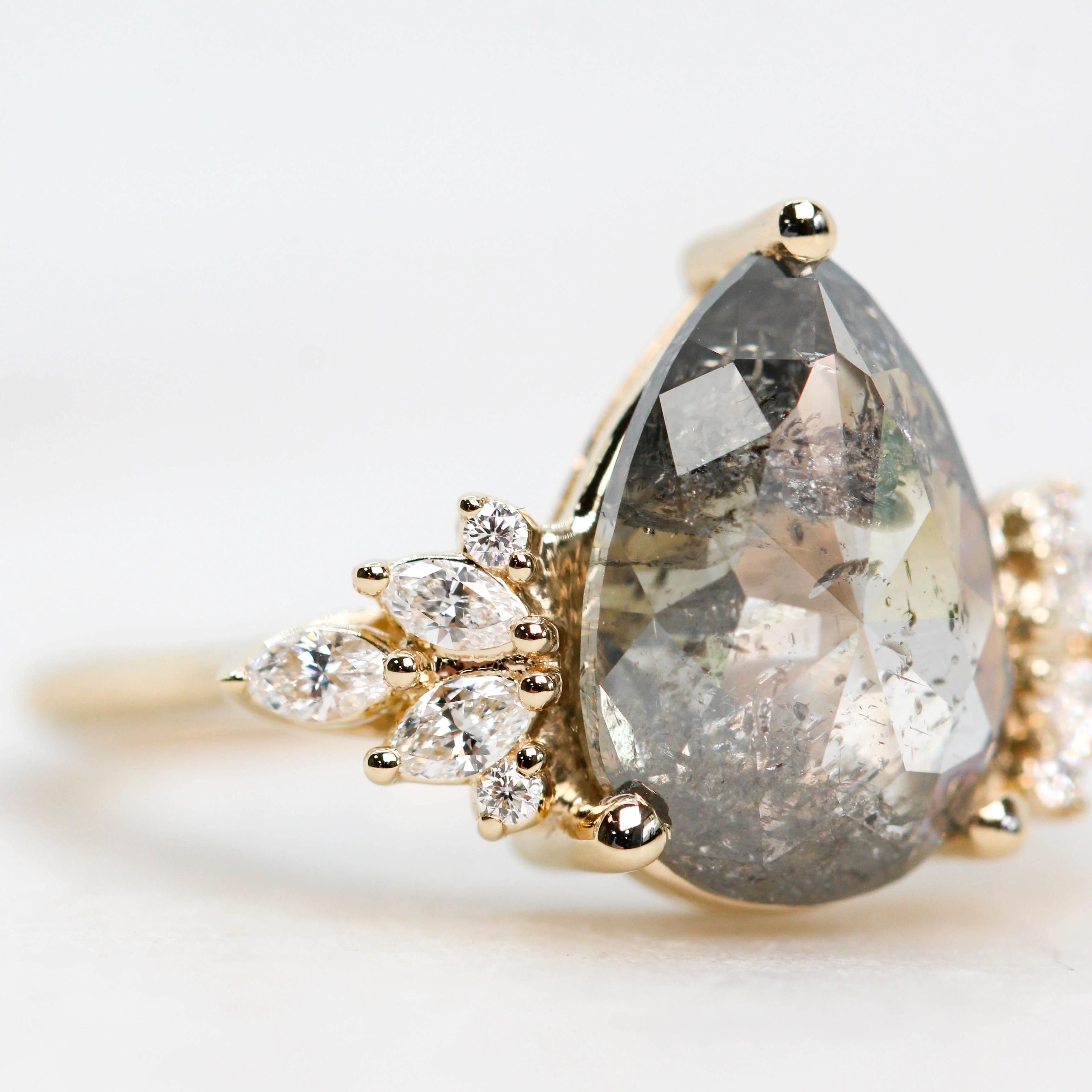 Project: Custom Odette Ring with a 3 Carat Dark and Clear Pear Salt and Pepper Diamond and White Accent Diamonds in 14k - Image 6