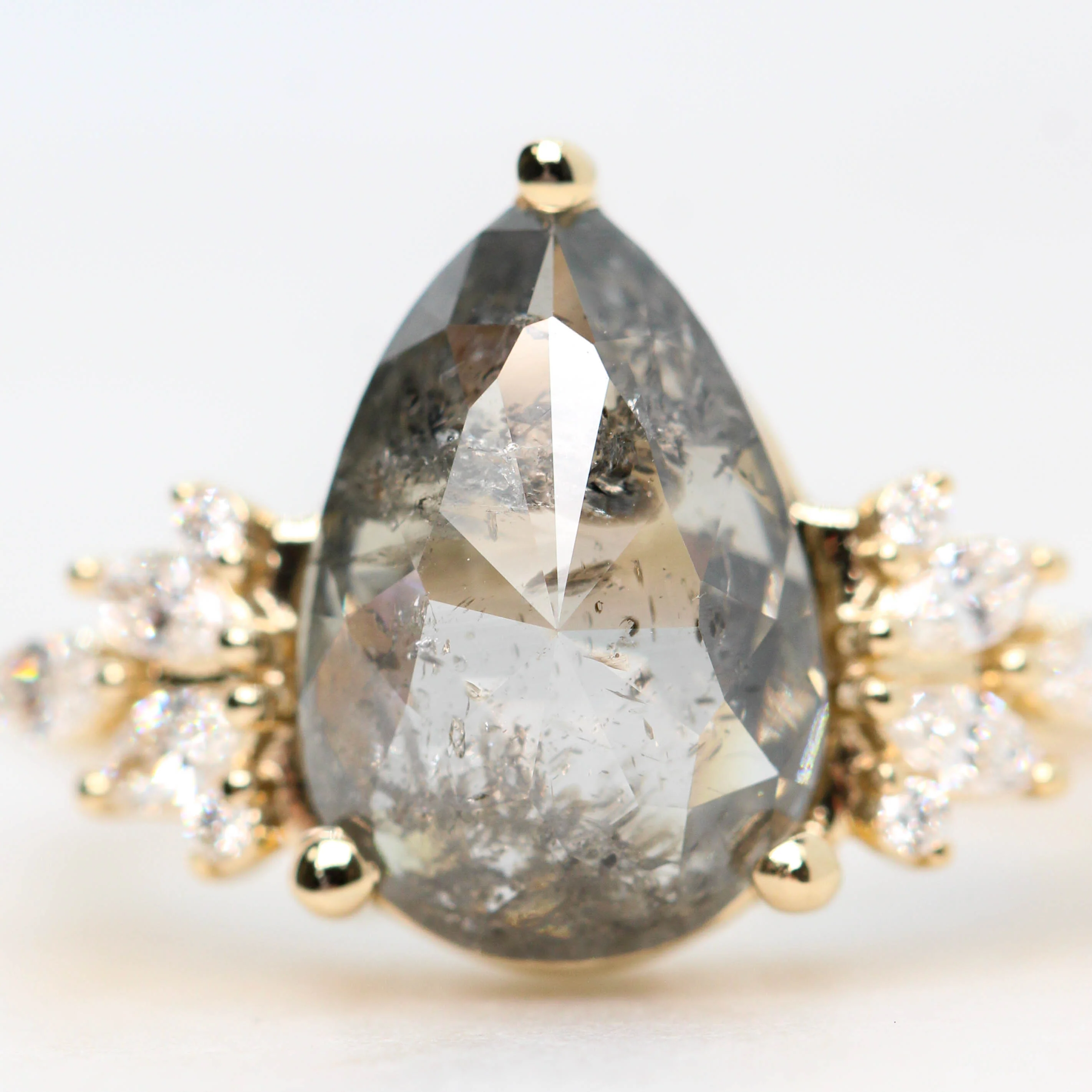 Project: Custom Odette Ring with a 3 Carat Dark and Clear Pear Salt and Pepper Diamond and White Accent Diamonds in 14k - Image 7