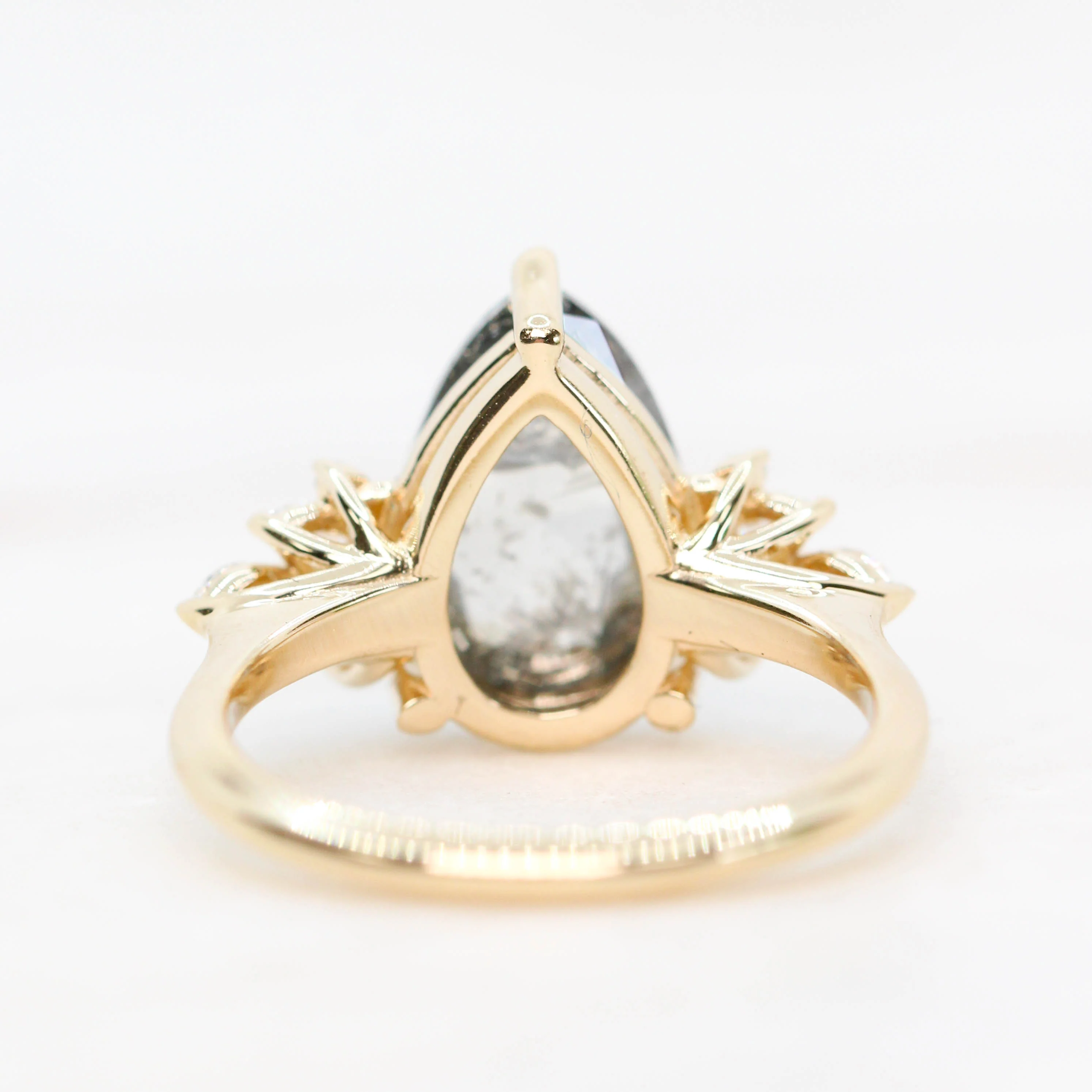 Project: Custom Odette Ring with a 3 Carat Dark and Clear Pear Salt and Pepper Diamond and White Accent Diamonds in 14k - Image 8