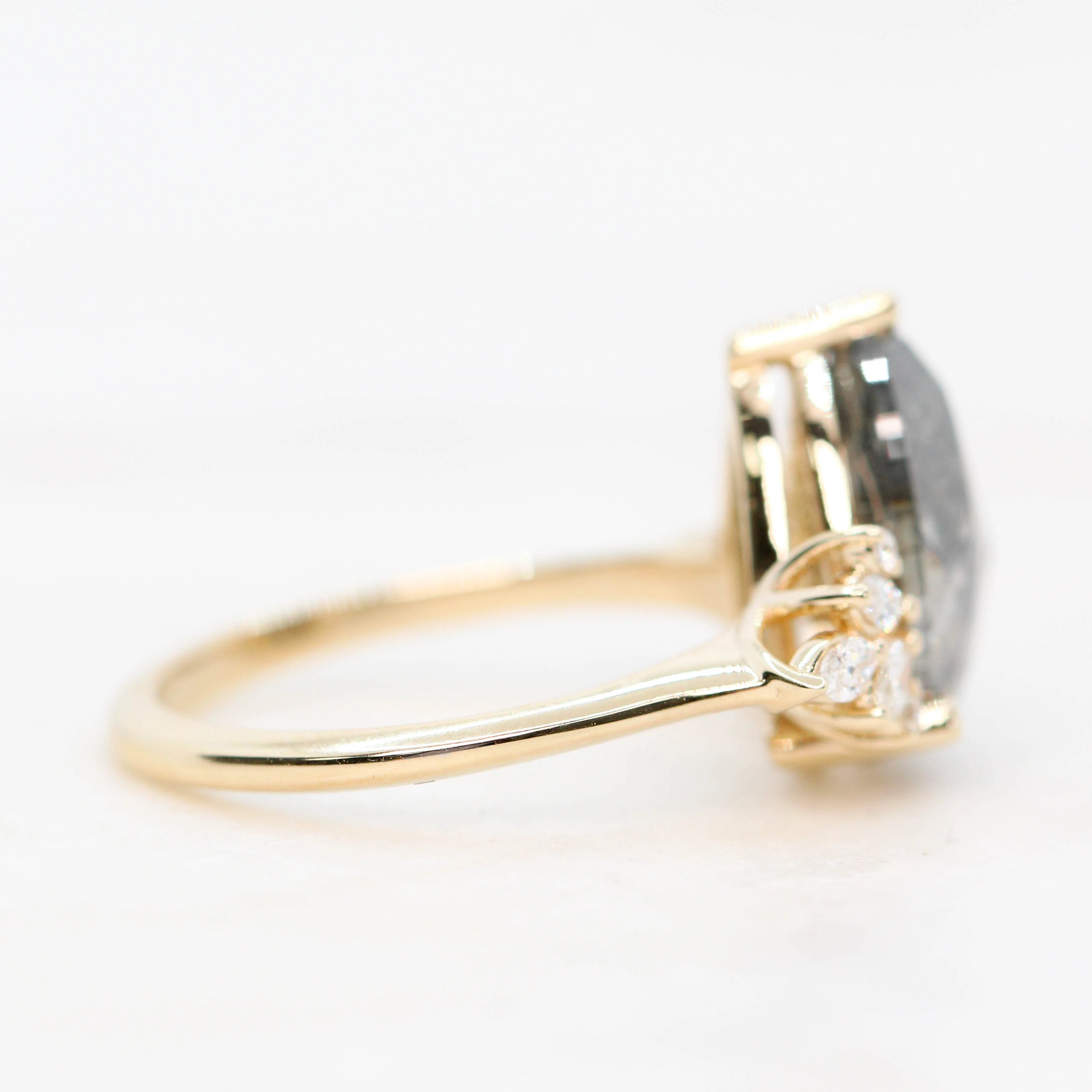 Project: Custom Odette Ring with a 3 Carat Dark and Clear Pear Salt and Pepper Diamond and White Accent Diamonds in 14k - Image 9