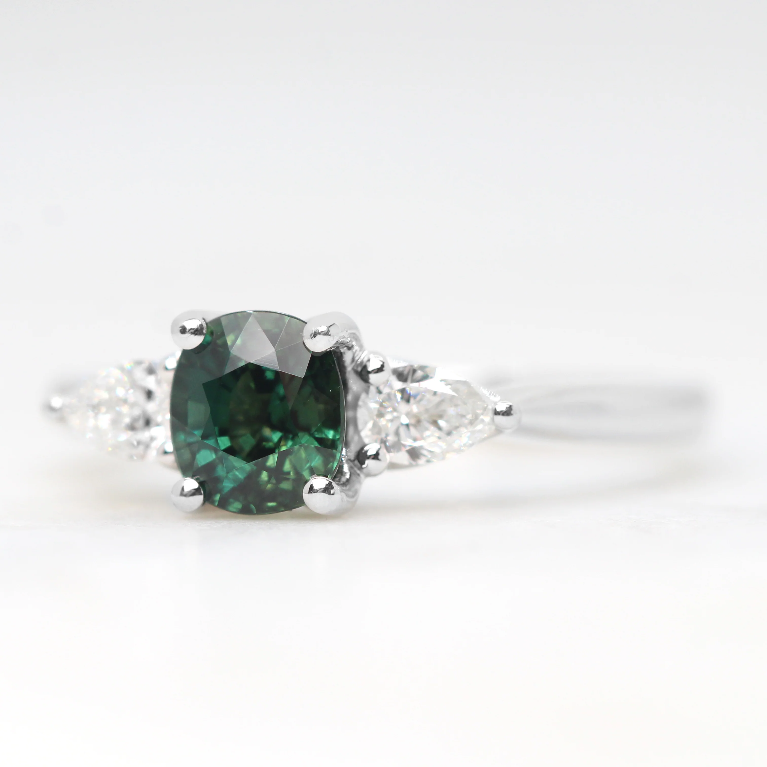 Oleander Ring with a 1.03 Carat Dark Teal Cushion Cut Madagascar Sapphire and White Accent Diamonds in 14k White Gold - Ready to Size and Ship - Image 3