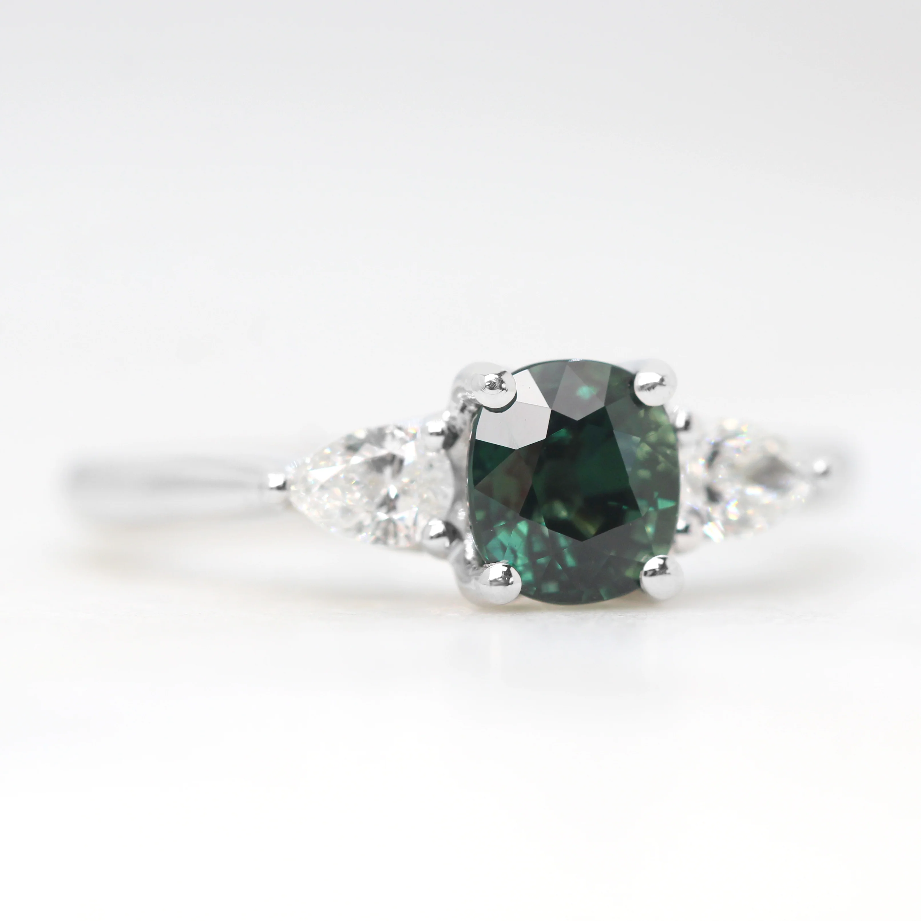 Oleander Ring with a 1.03 Carat Dark Teal Cushion Cut Madagascar Sapphire and White Accent Diamonds in 14k White Gold - Ready to Size and Ship - Image 4