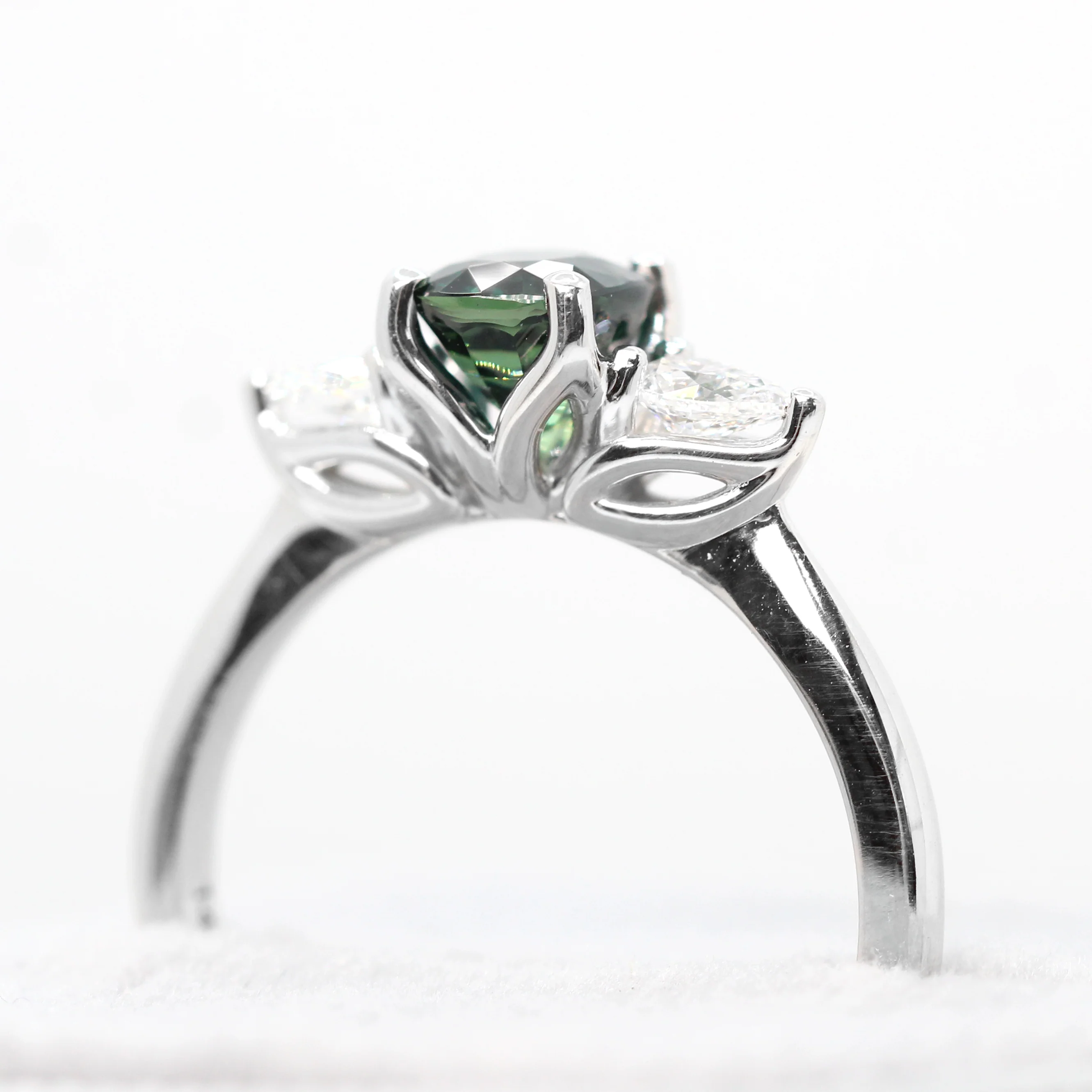 Oleander Ring with a 1.03 Carat Dark Teal Cushion Cut Madagascar Sapphire and White Accent Diamonds in 14k White Gold - Ready to Size and Ship - Image 7
