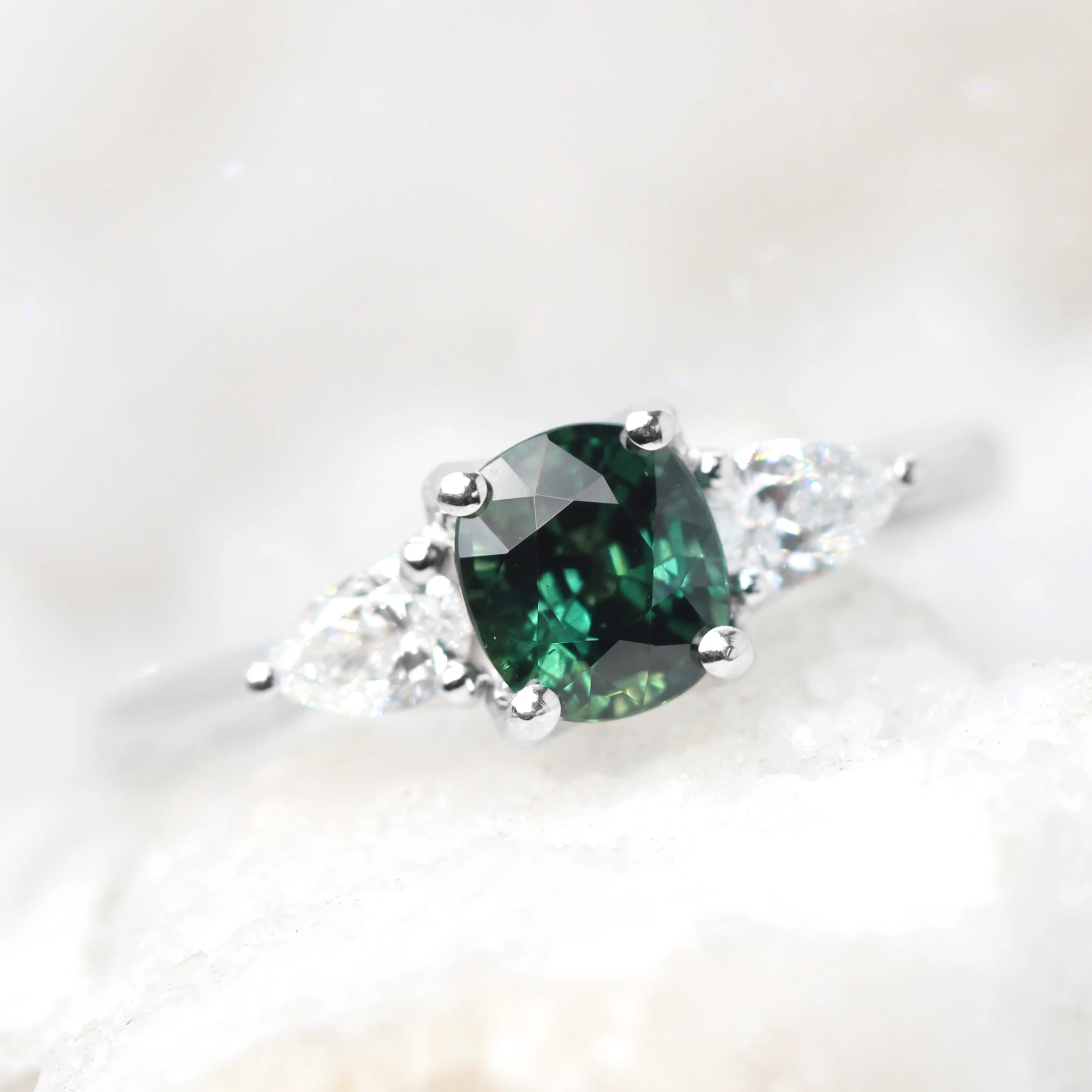 Oleander Ring with a 1.03 Carat Dark Teal Cushion Cut Madagascar Sapphire and White Accent Diamonds in 14k White Gold - Ready to Size and Ship - Image 8