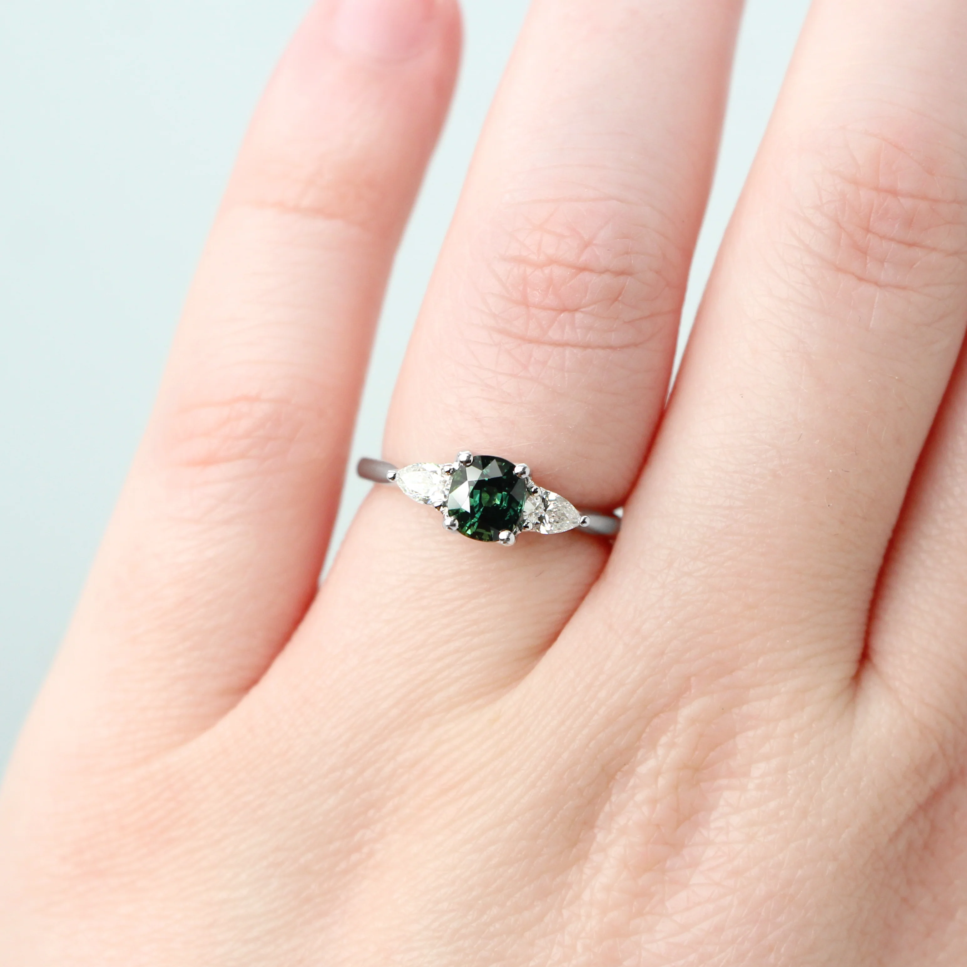 Oleander Ring with a 1.03 Carat Dark Teal Cushion Cut Madagascar Sapphire and White Accent Diamonds in 14k White Gold - Ready to Size and Ship - Image 9