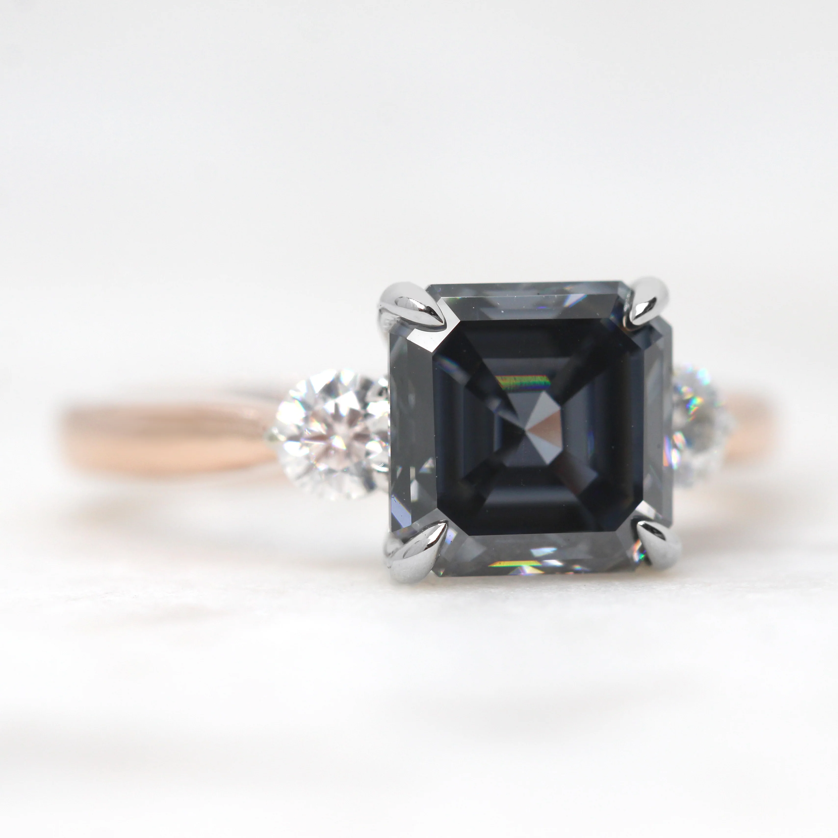 Olive Ring with a 2.50 Carat Asscher Cut Gray Moissanite and Moissanite Accents in 14k White & Rose Gold - Ready to Size and Ship - Image 3