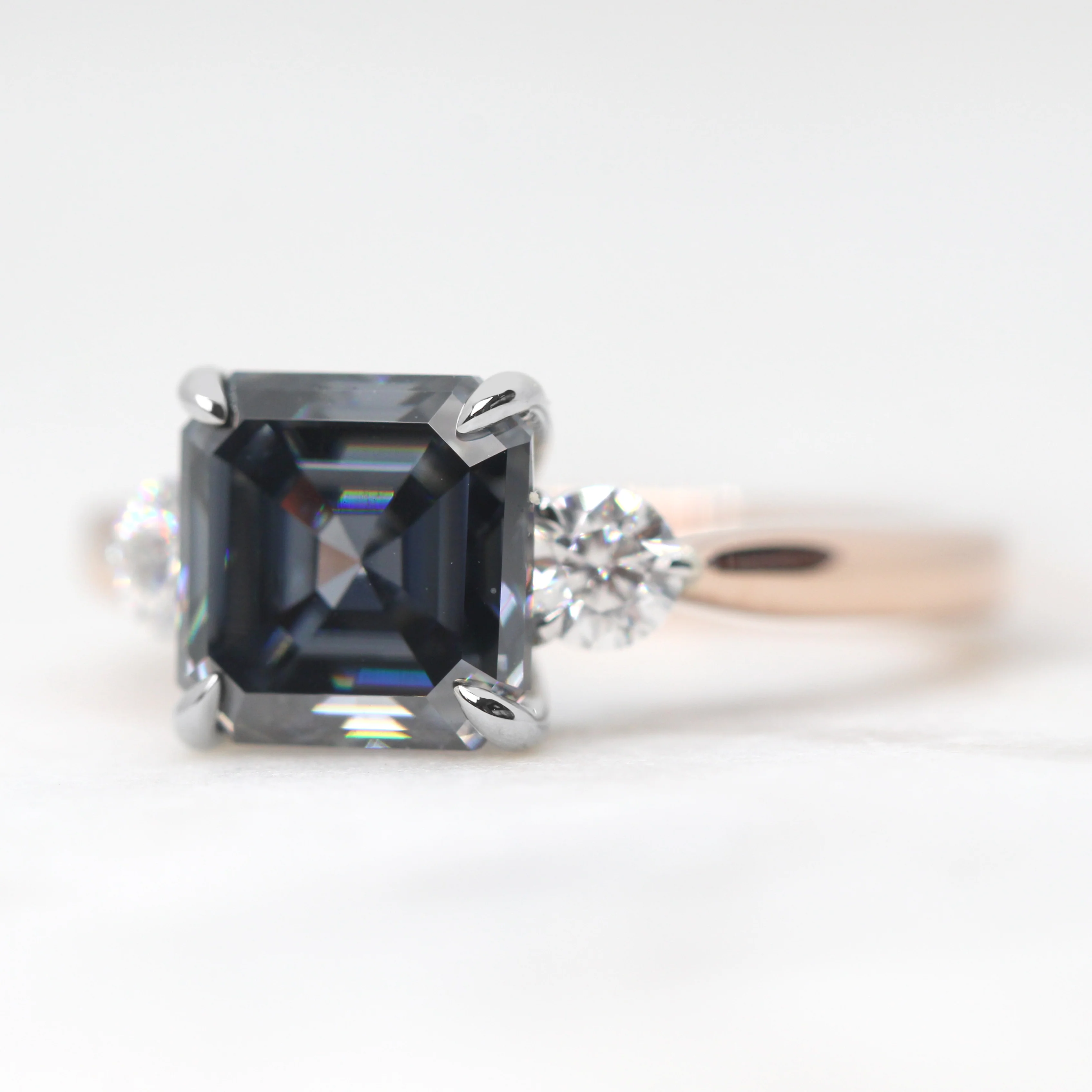 Olive Ring with a 2.50 Carat Asscher Cut Gray Moissanite and Moissanite Accents in 14k White & Rose Gold - Ready to Size and Ship - Image 4