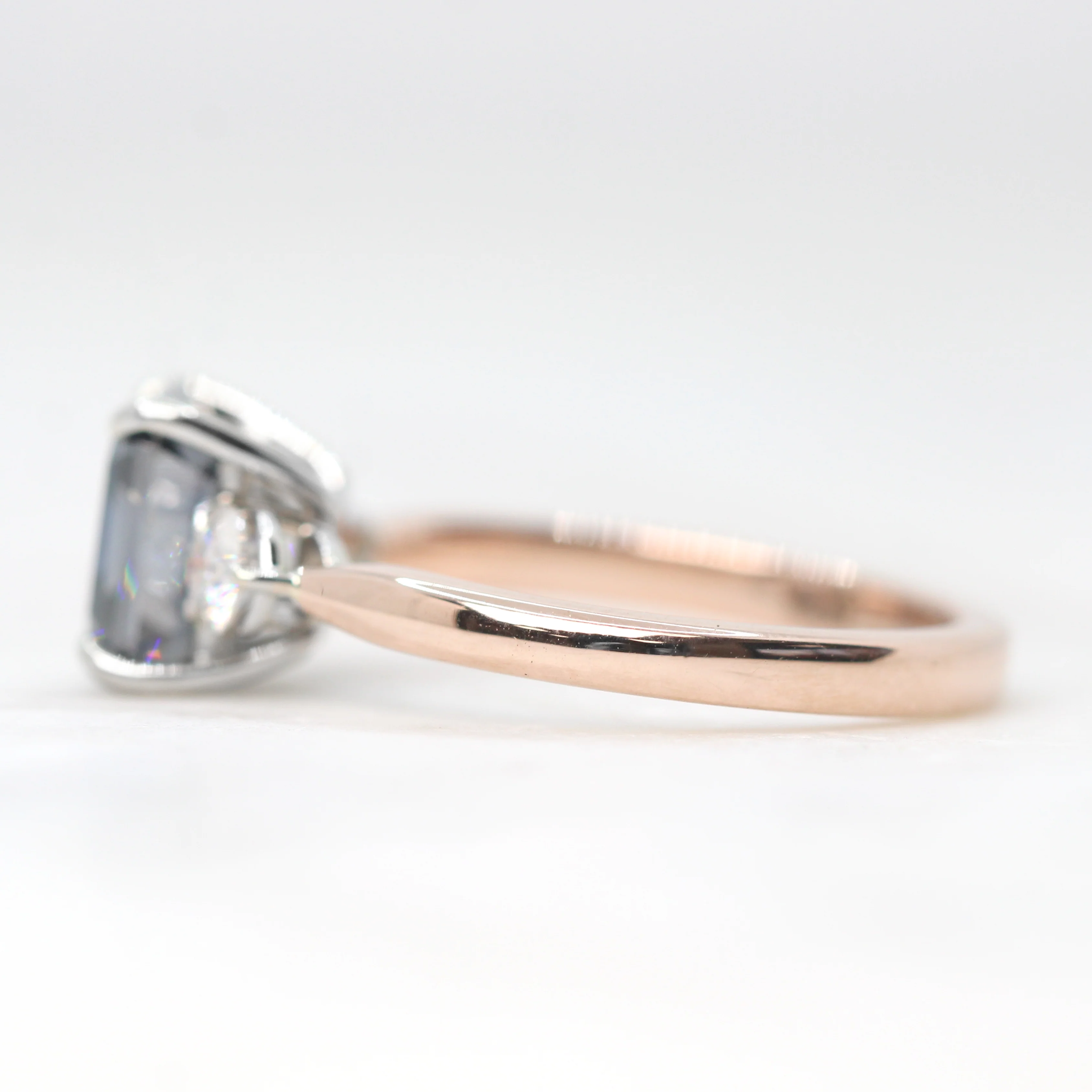 Olive Ring with a 2.50 Carat Asscher Cut Gray Moissanite and Moissanite Accents in 14k White & Rose Gold - Ready to Size and Ship - Image 5