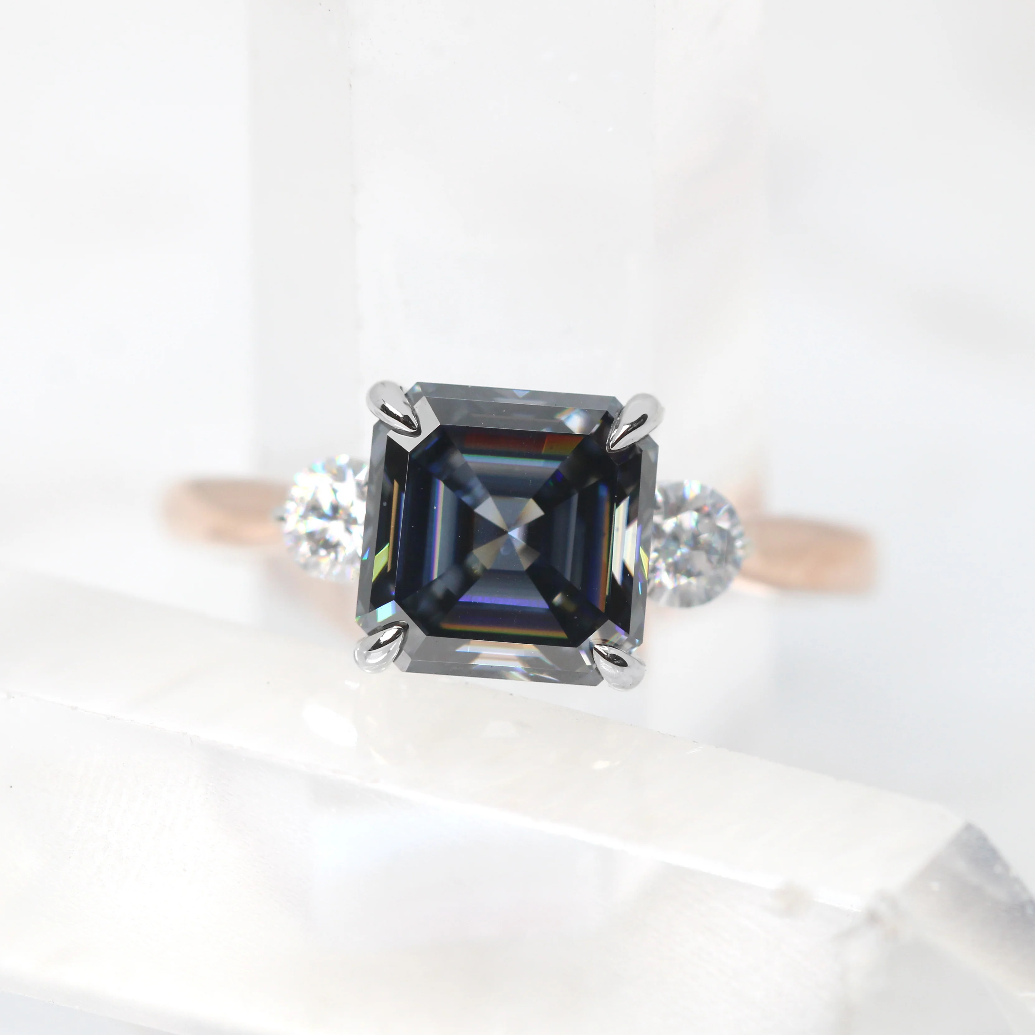 Olive Ring with a 2.50 Carat Asscher Cut Gray Moissanite and Moissanite Accents in 14k White & Rose Gold - Ready to Size and Ship - Image 7