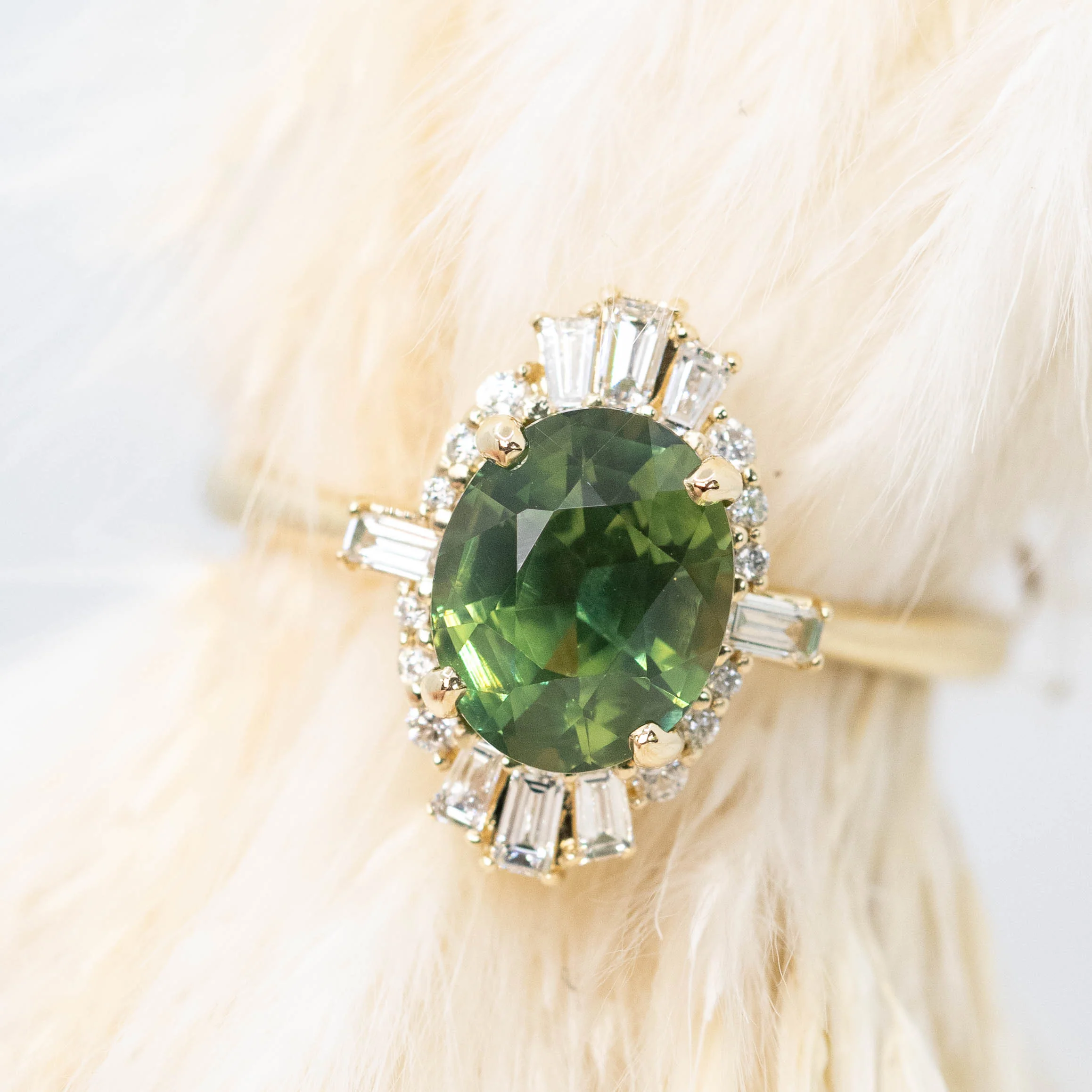 Ophelia Ring with a 2.06 Carat Green Australian Oval Sapphire and White Accent Diamonds in 14k Yellow Gold - Ready to Size and Ship - Image 8