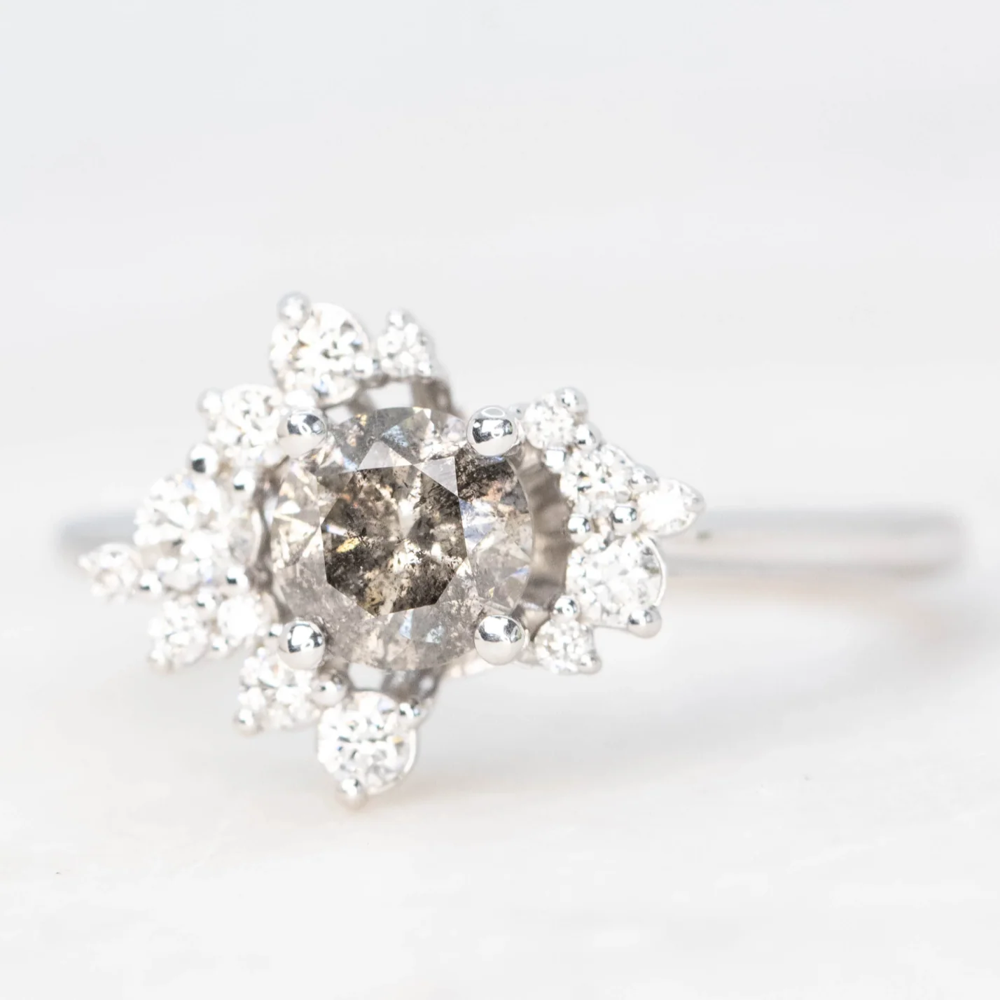 Orion Ring with a 0.81 Carat Round Charcoal Salt and Pepper Diamond and White Accent Diamonds in 14k White Gold - Ready to Size and Ship - Image 3