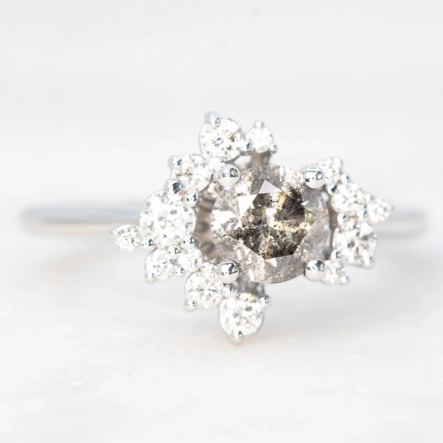 Orion Ring with a 0.81 Carat Round Charcoal Salt and Pepper Diamond and White Accent Diamonds in 14k White Gold - Ready to Size and Ship - Image 4
