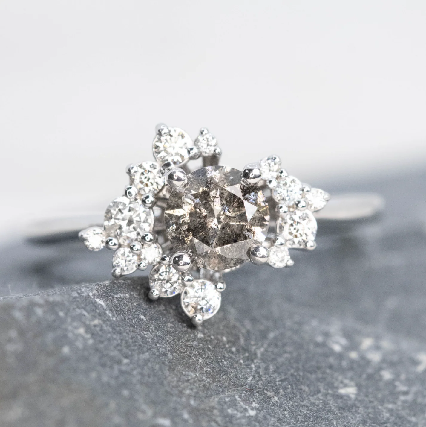 Orion Ring with a 0.81 Carat Round Charcoal Salt and Pepper Diamond and White Accent Diamonds in 14k White Gold - Ready to Size and Ship - Image 7