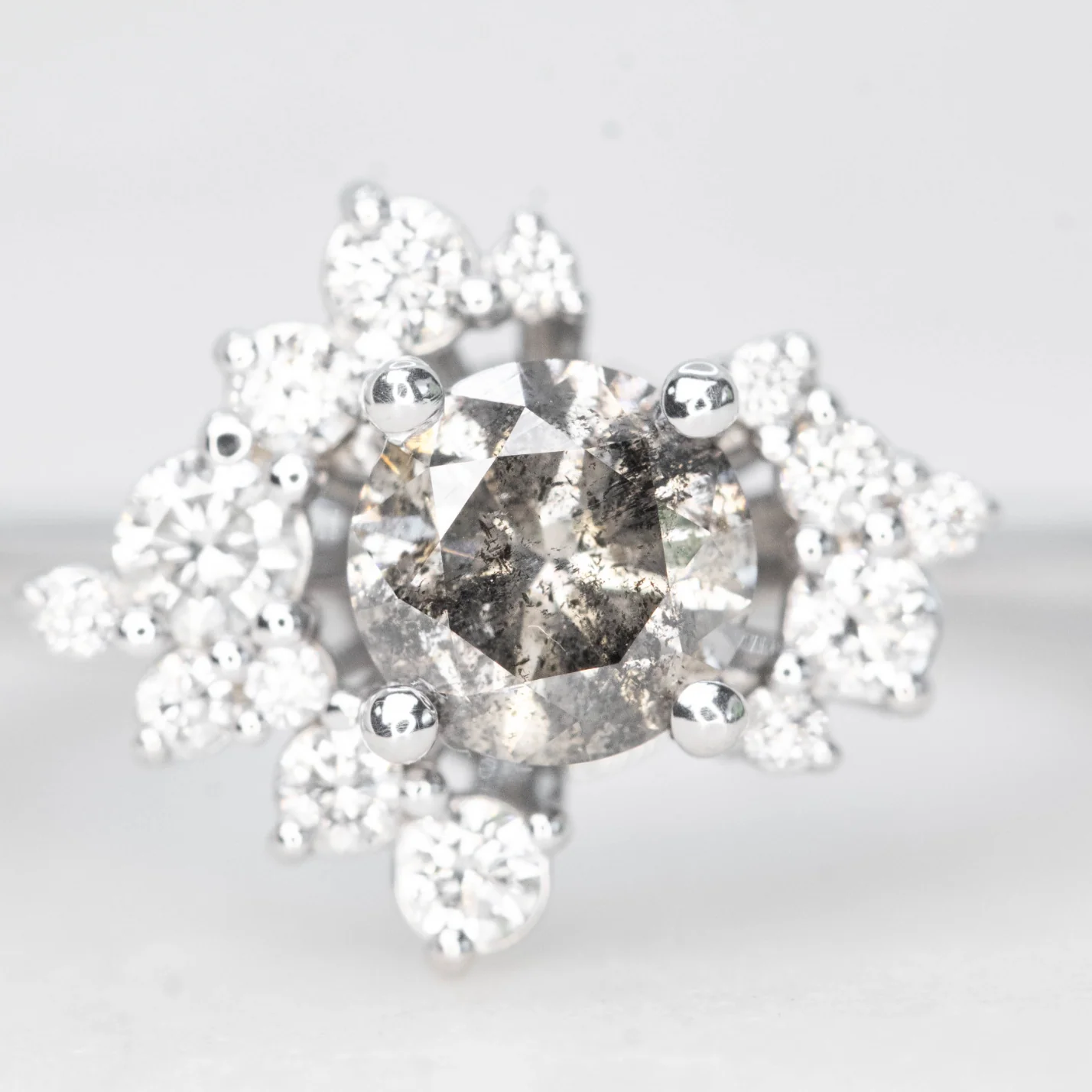 Orion Ring with a 0.81 Carat Round Charcoal Salt and Pepper Diamond and White Accent Diamonds in 14k White Gold - Ready to Size and Ship - Image 8