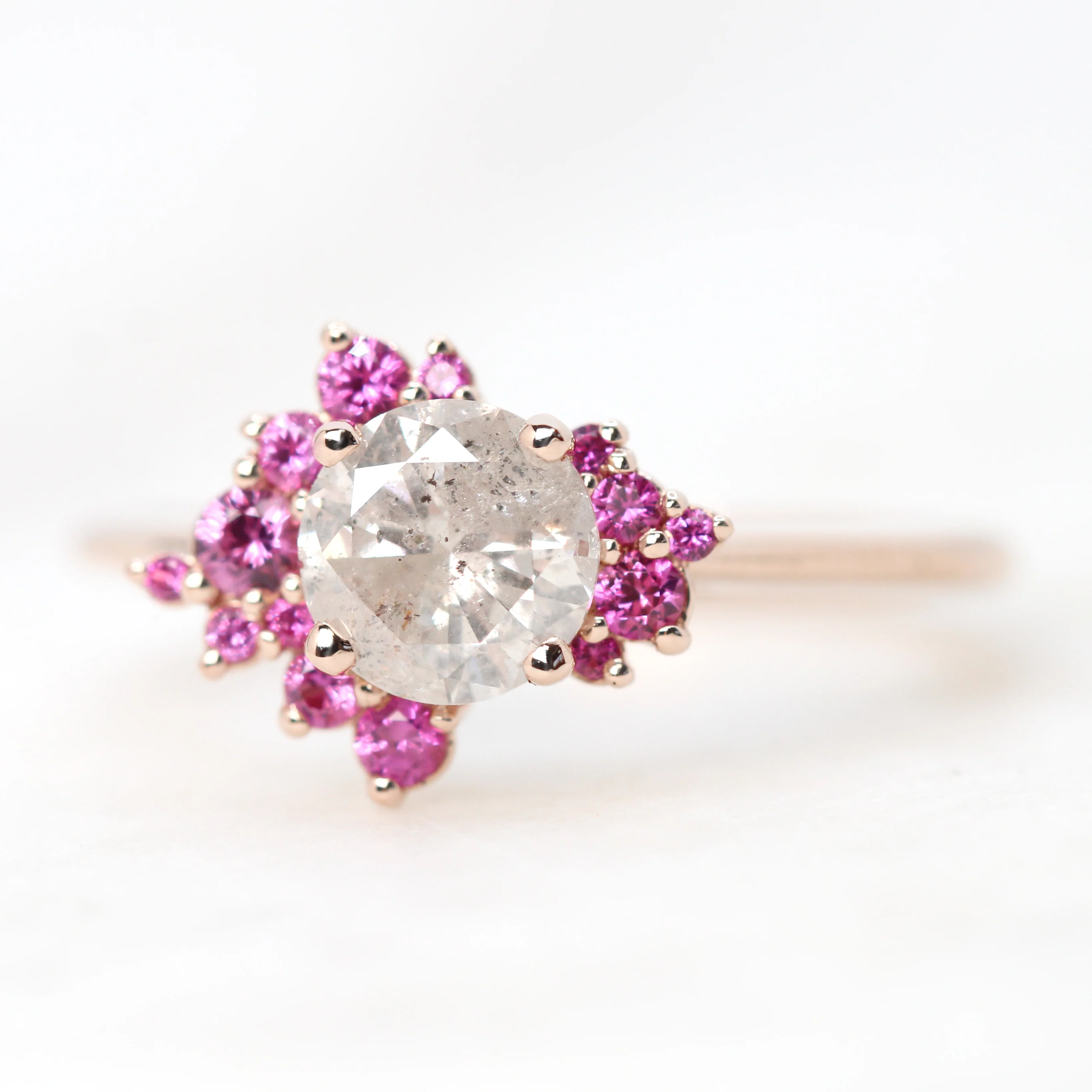 Orion Ring with a 1.02 Carat Round White Salt and Pepper Diamond and Pink Sapphire Accents in 14k Rose Gold - Ready to Size and Ship - Image 3