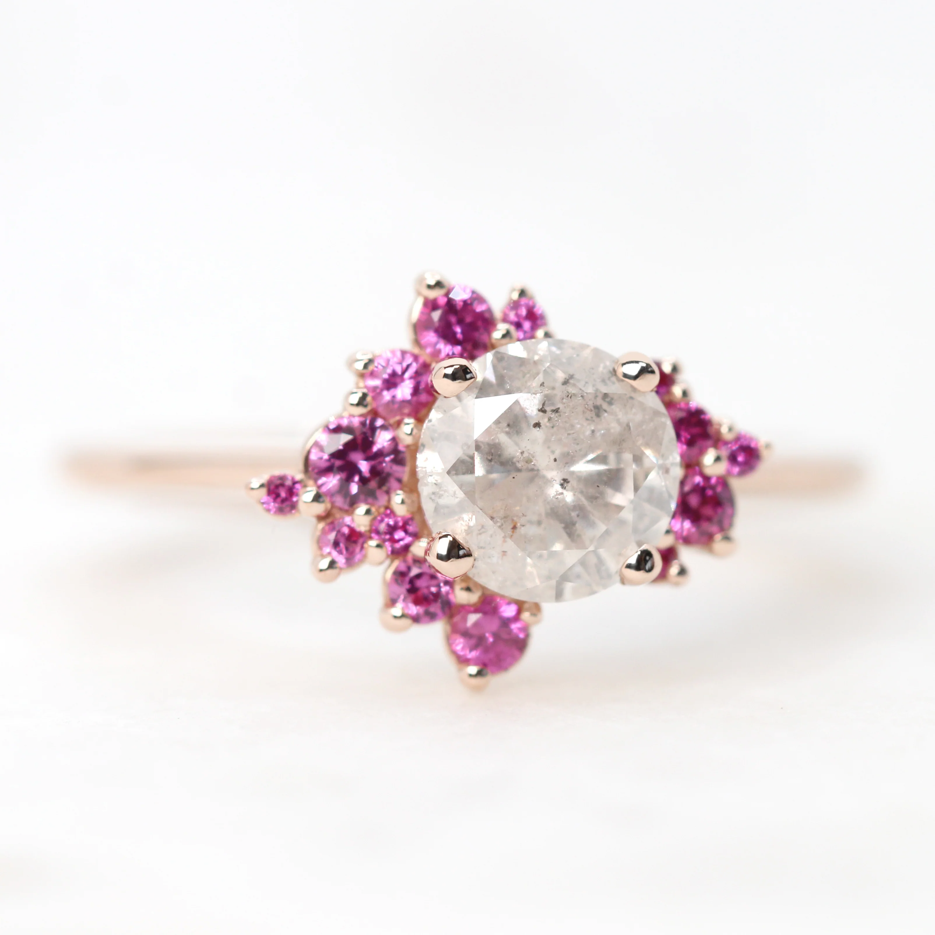 Orion Ring with a 1.02 Carat Round White Salt and Pepper Diamond and Pink Sapphire Accents in 14k Rose Gold - Ready to Size and Ship - Image 4