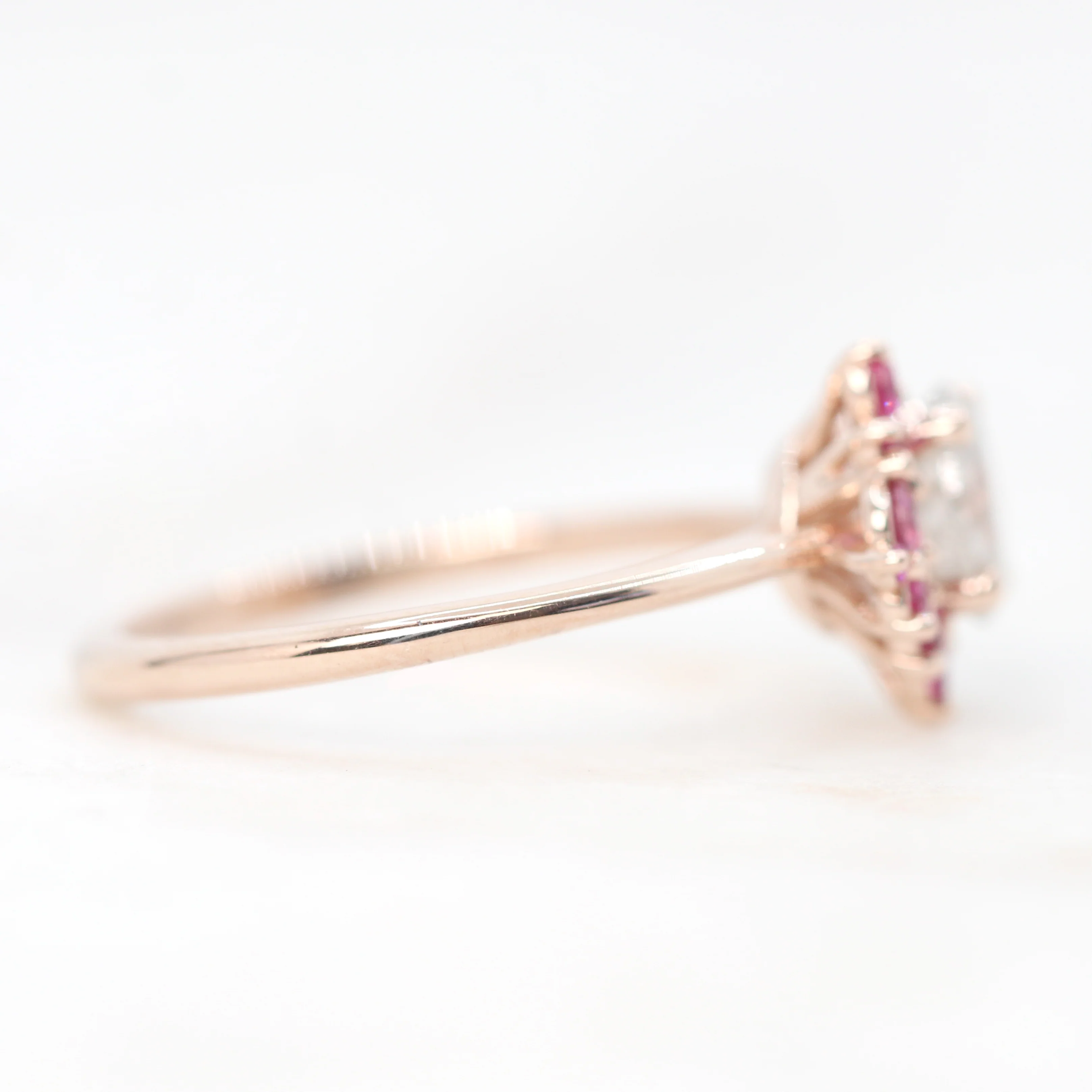Orion Ring with a 1.02 Carat Round White Salt and Pepper Diamond and Pink Sapphire Accents in 14k Rose Gold - Ready to Size and Ship - Image 5