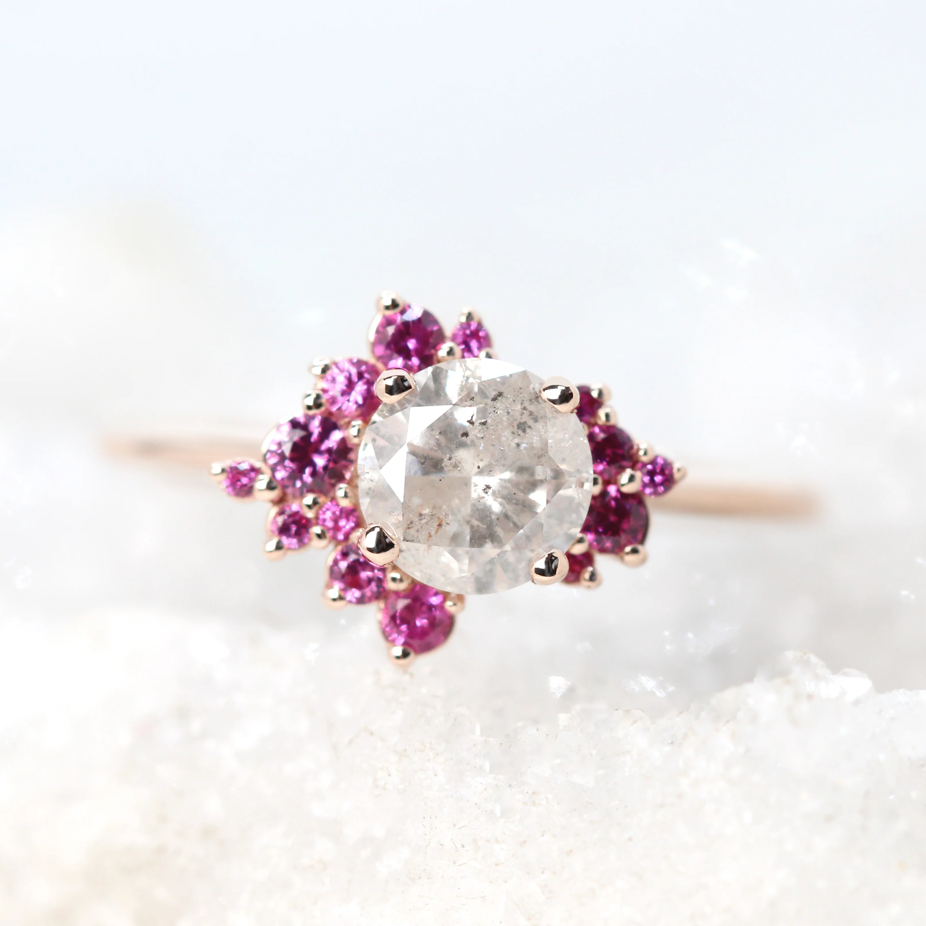 Orion Ring with a 1.02 Carat Round White Salt and Pepper Diamond and Pink Sapphire Accents in 14k Rose Gold - Ready to Size and Ship - Image 7