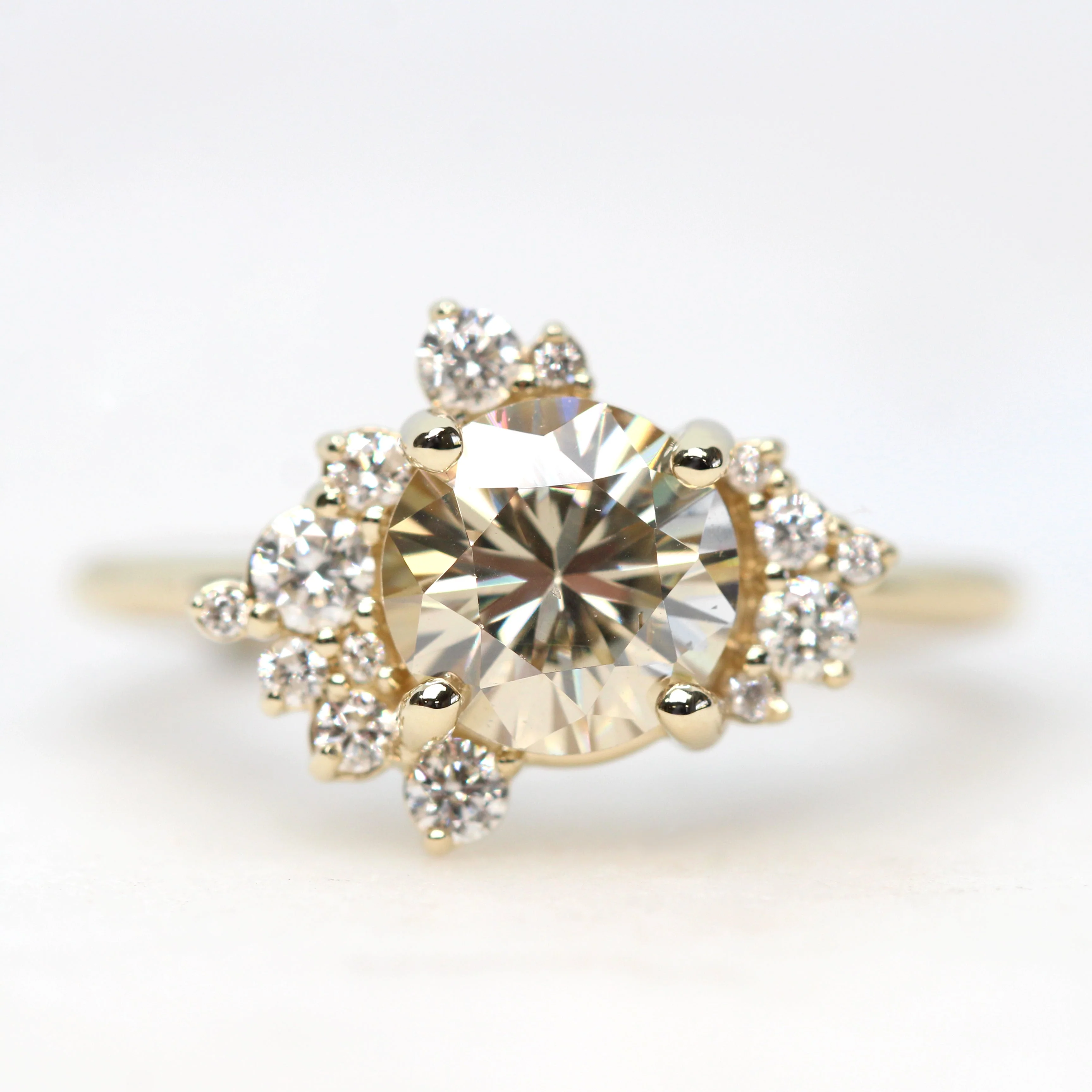 Orion Ring with a 1.25 Carat Round Golden Champagne Moissanite and White Accent Diamonds - Made to Order
