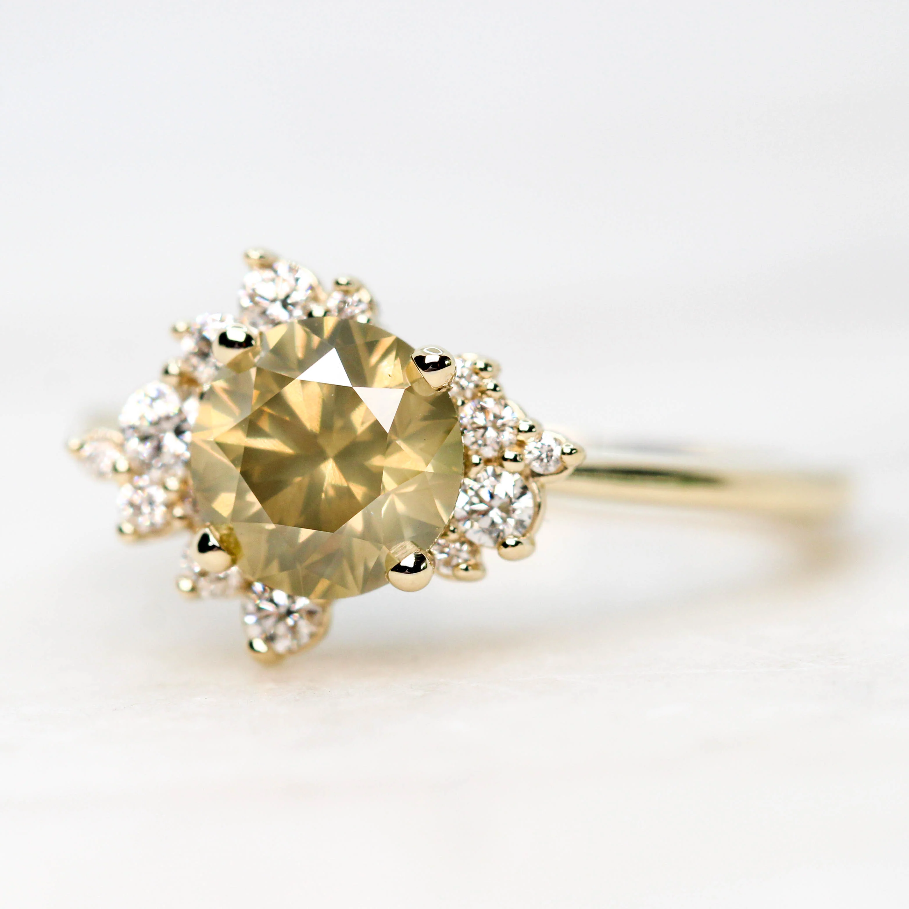 Orion Ring with a 1.35 Carat Round Champagne Diamond and White Accent Diamonds in 14k Yellow Gold - Ready to Size and Ship - Image 3