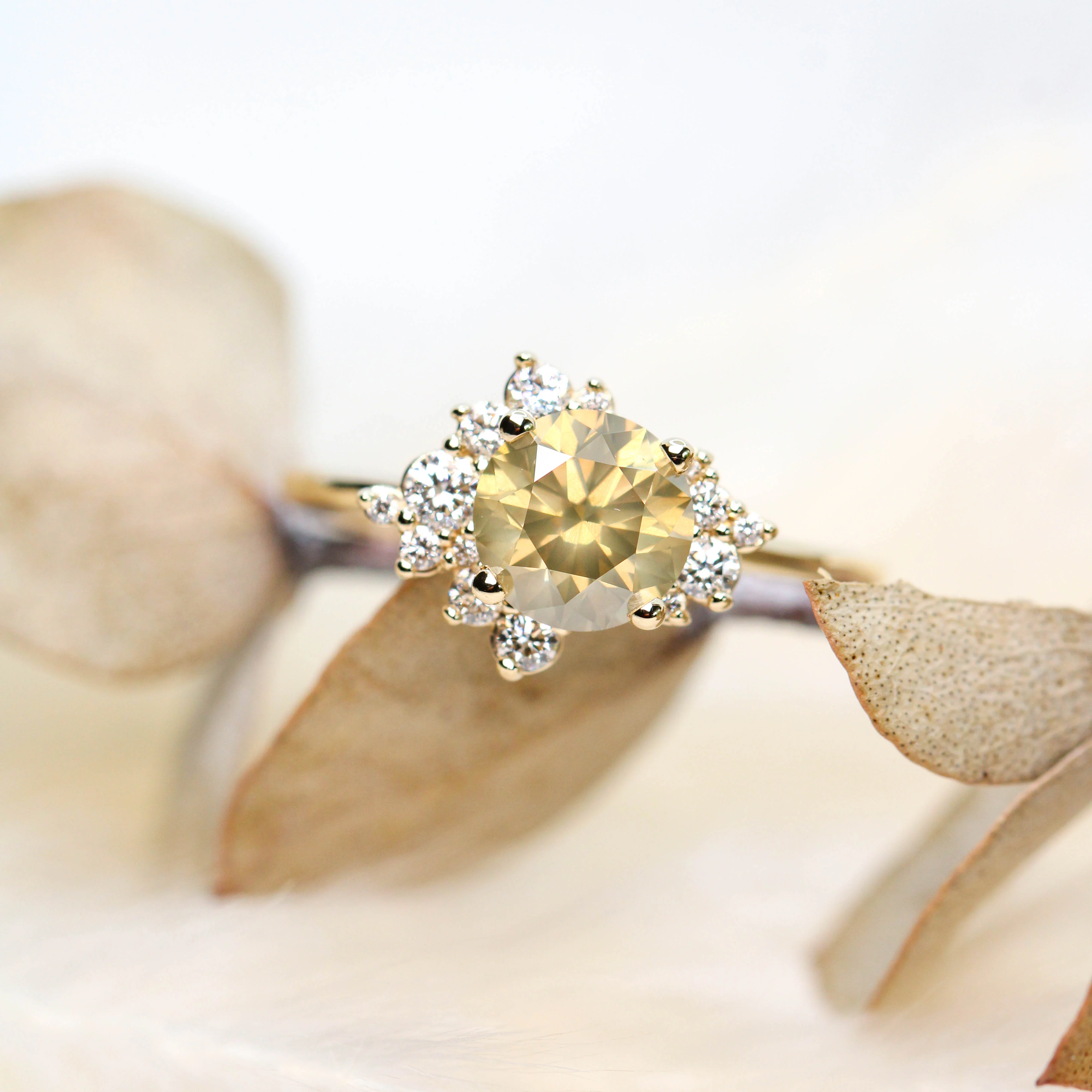 Orion Ring with a 1.35 Carat Round Champagne Diamond and White Accent Diamonds in 14k Yellow Gold - Ready to Size and Ship - Image 8