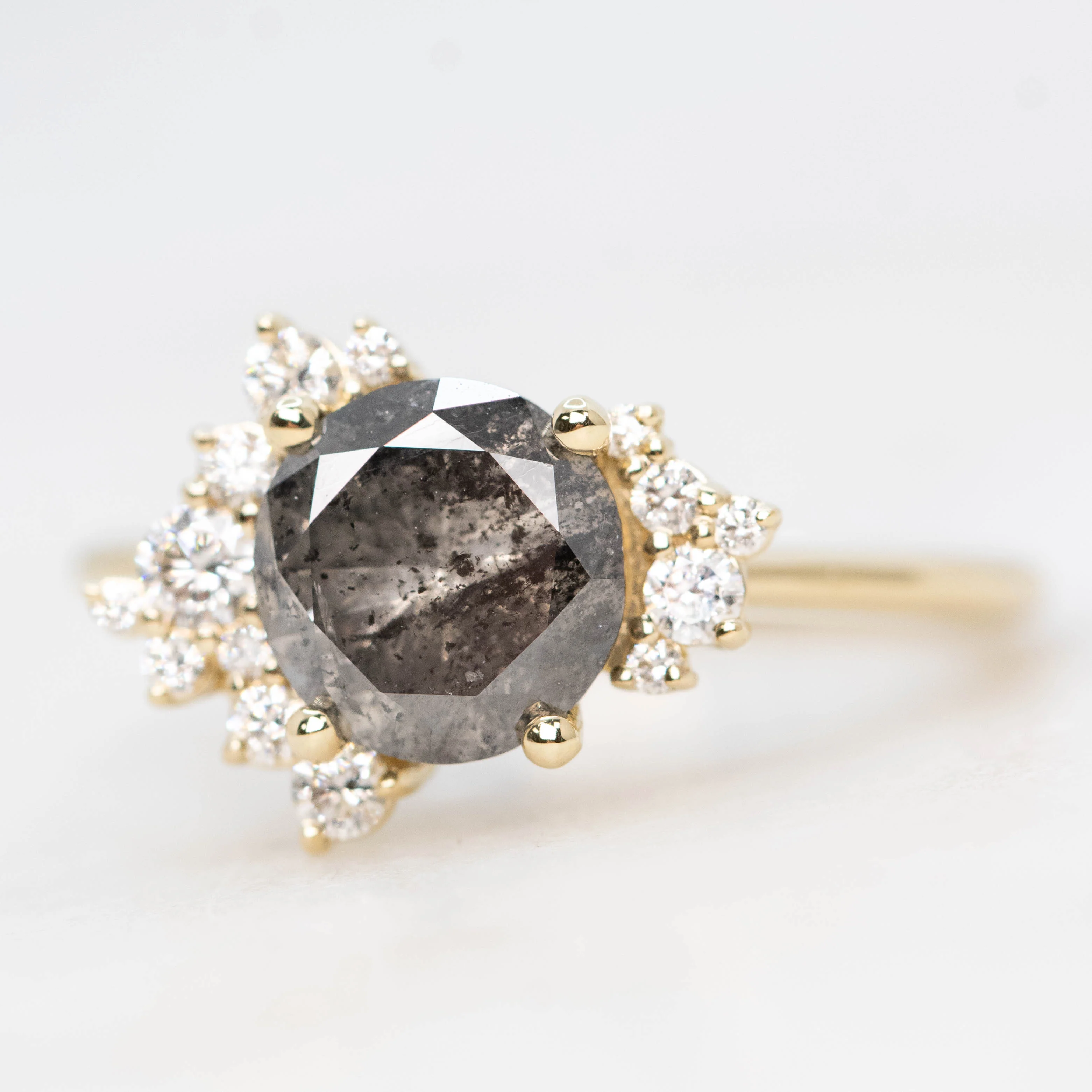 Orion Ring with a 1.72 Carat Dark Gray Salt and Pepper Round Diamond and White Accent Diamonds in 14k Yellow Gold - Ready to Size and Ship - Image 3