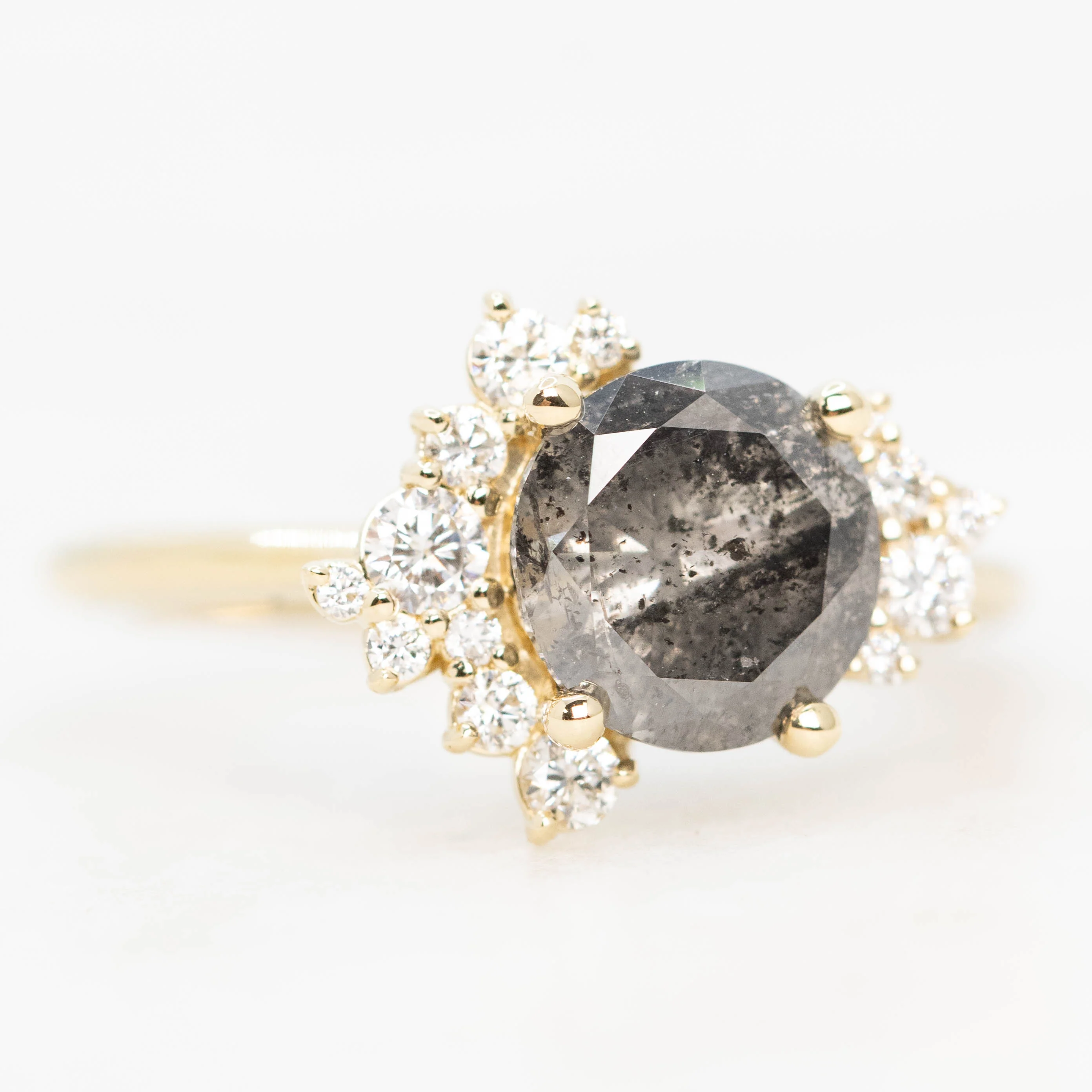 Orion Ring with a 1.72 Carat Dark Gray Salt and Pepper Round Diamond and White Accent Diamonds in 14k Yellow Gold - Ready to Size and Ship - Image 4