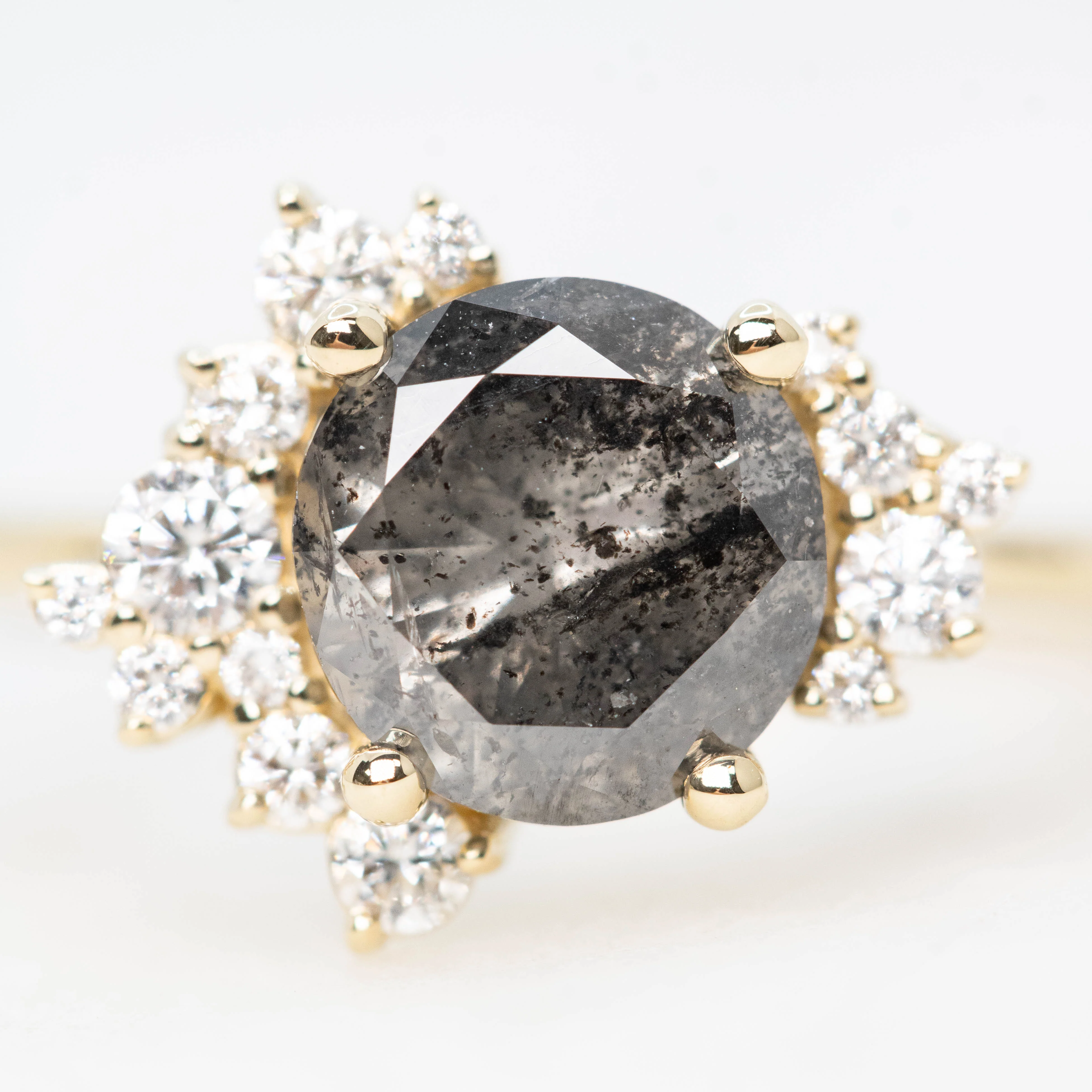 Orion Ring with a 1.72 Carat Dark Gray Salt and Pepper Round Diamond and White Accent Diamonds in 14k Yellow Gold - Ready to Size and Ship - Image 7