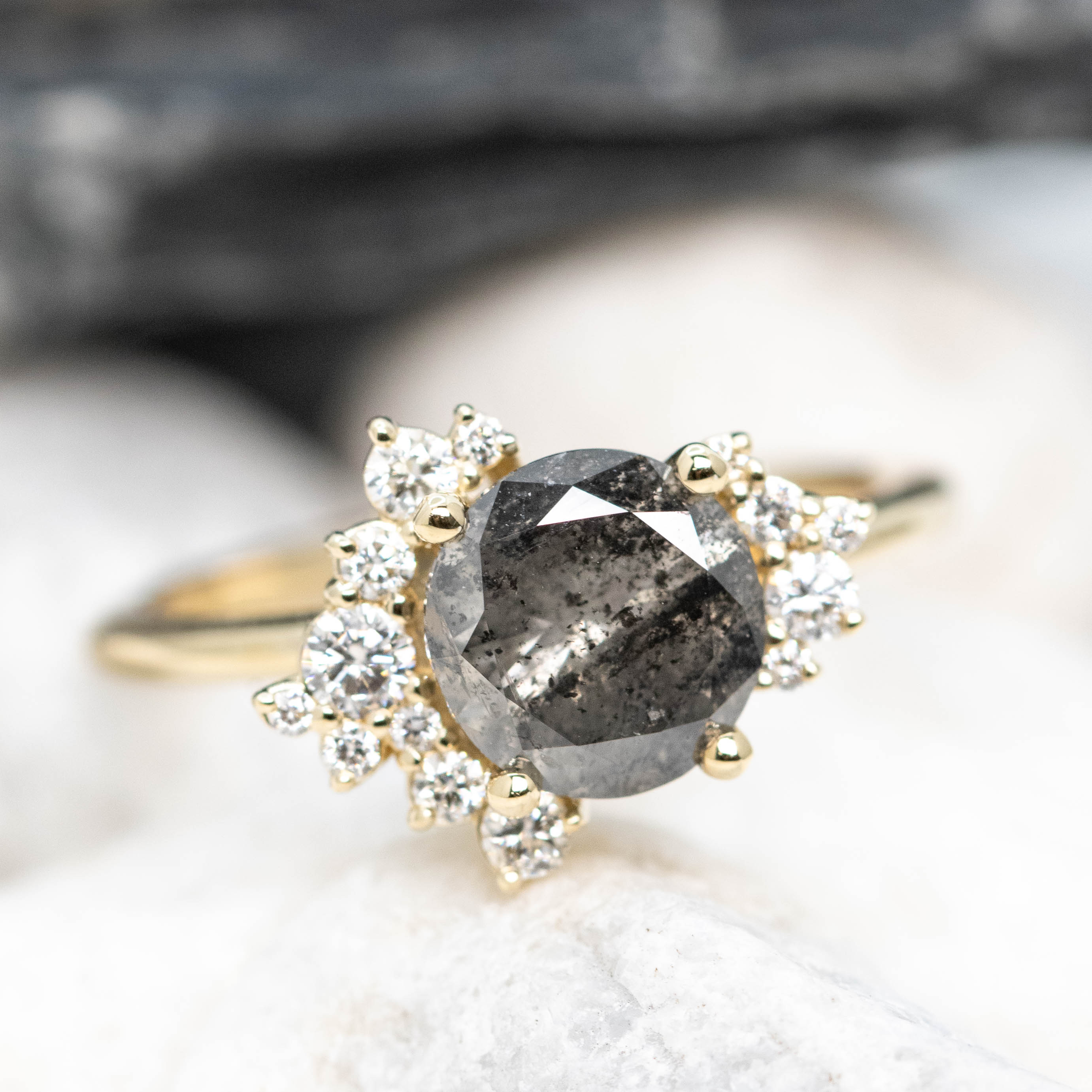 Orion Ring with a 1.72 Carat Dark Gray Salt and Pepper Round Diamond and White Accent Diamonds in 14k Yellow Gold - Ready to Size and Ship - Image 8