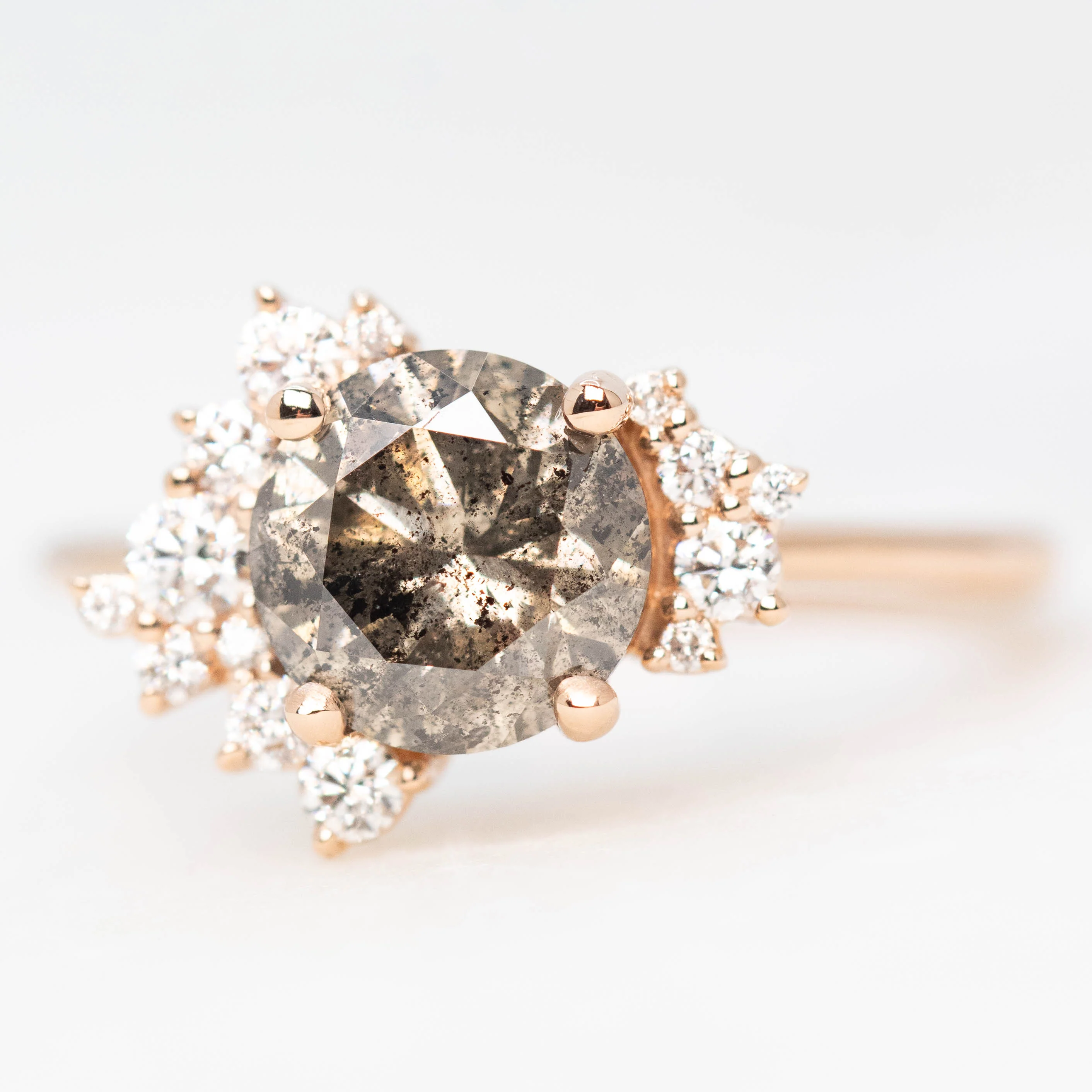Orion Ring with a 1.81 Carat Round Champagne Salt and Pepper Diamond and White Accent Diamonds in 14k Rose Gold - Ready to Size and Ship - Image 3