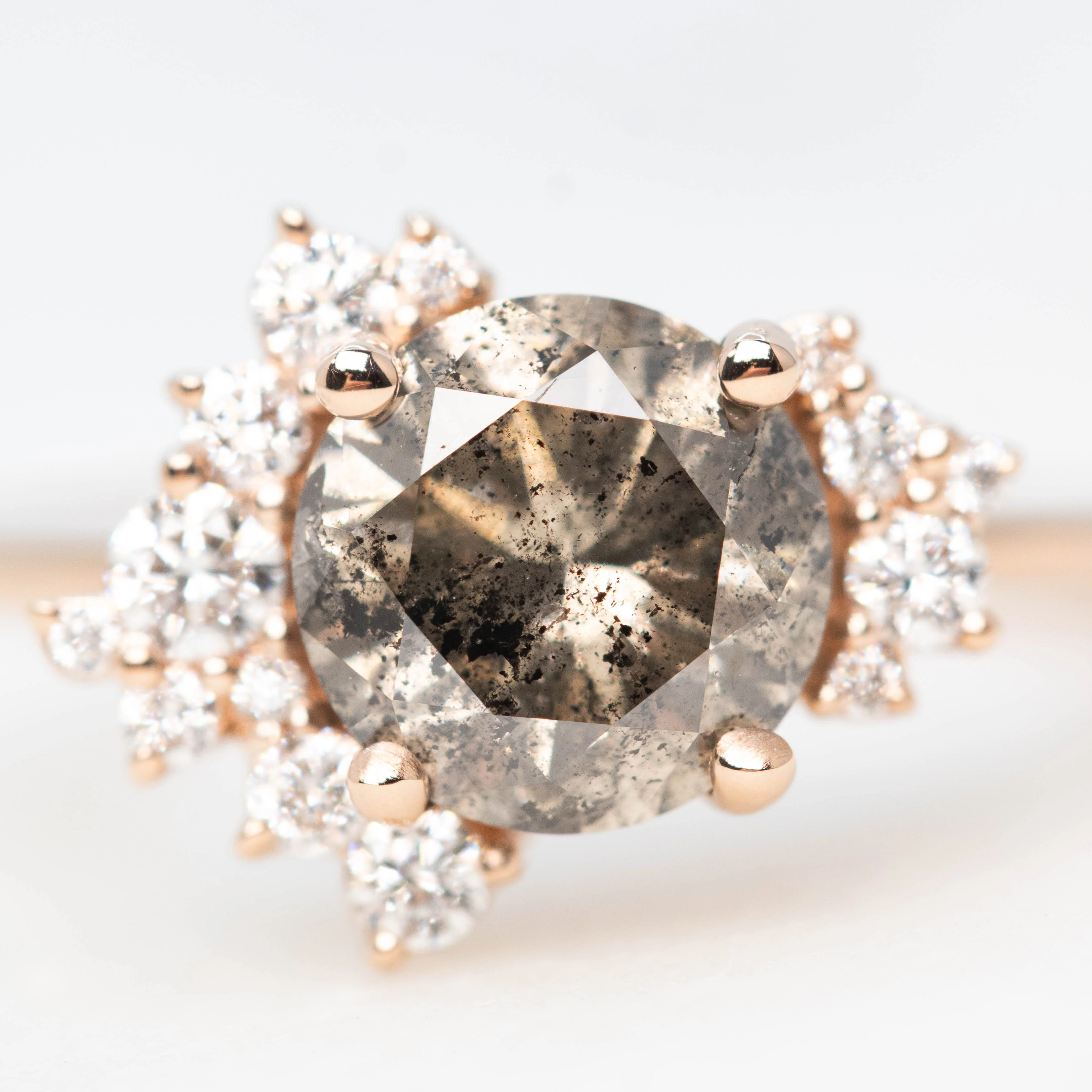 Orion Ring with a 1.81 Carat Round Champagne Salt and Pepper Diamond and White Accent Diamonds in 14k Rose Gold - Ready to Size and Ship - Image 7